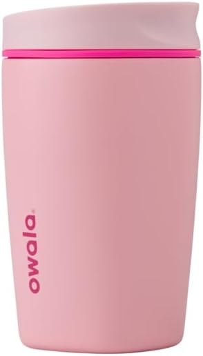 Owala SmoothSip Slider Insulated Stainless Steel Coffee Tumbler, Reusable Iced Coffee Cup, Hot Coffee Travel Mug, BPA Free 12 oz, Tan/White (Vanilla Bean)