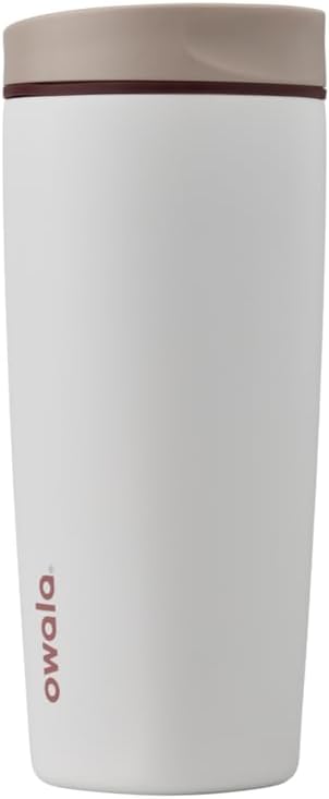 Owala SmoothSip Slider Insulated Stainless Steel Coffee Tumbler, Reusable Iced Coffee Cup, Hot Coffee Travel Mug, BPA Free 12 oz, Tan/White (Vanilla Bean)
