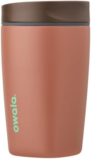 Owala SmoothSip Slider Insulated Stainless Steel Coffee Tumbler, Reusable Iced Coffee Cup, Hot Coffee Travel Mug, BPA Free 12 oz, Tan/White (Vanilla Bean)