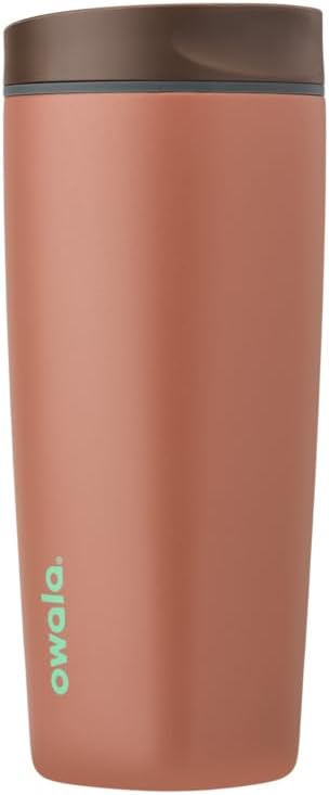 Owala SmoothSip Slider Insulated Stainless Steel Coffee Tumbler, Reusable Iced Coffee Cup, Hot Coffee Travel Mug, BPA Free 12 oz, Tan/White (Vanilla Bean)