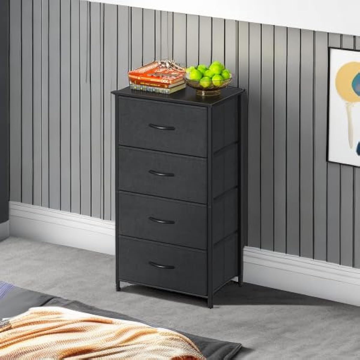 AODK Dresser for Bedroom with 4 Storage Drawers, Small Dressers Chest of Drawers Fabric Dresser with Sturdy Steel Frame, Black