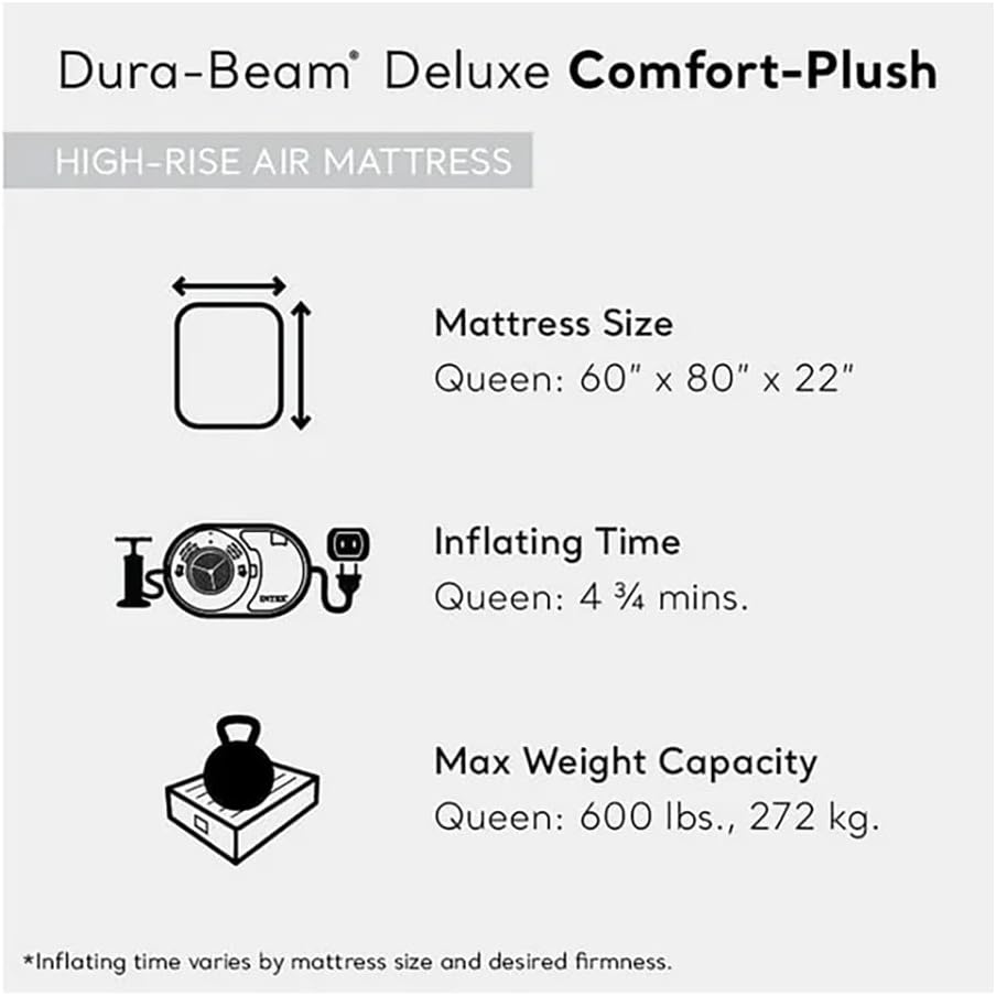 Intex: Dura-Beam Deluxe Comfort-Plush Air Mattress - 22" Queen Blue - Built-in Electric Pump, Durable Fiber-Tech, Carry Bag Included, 600lb Capacity