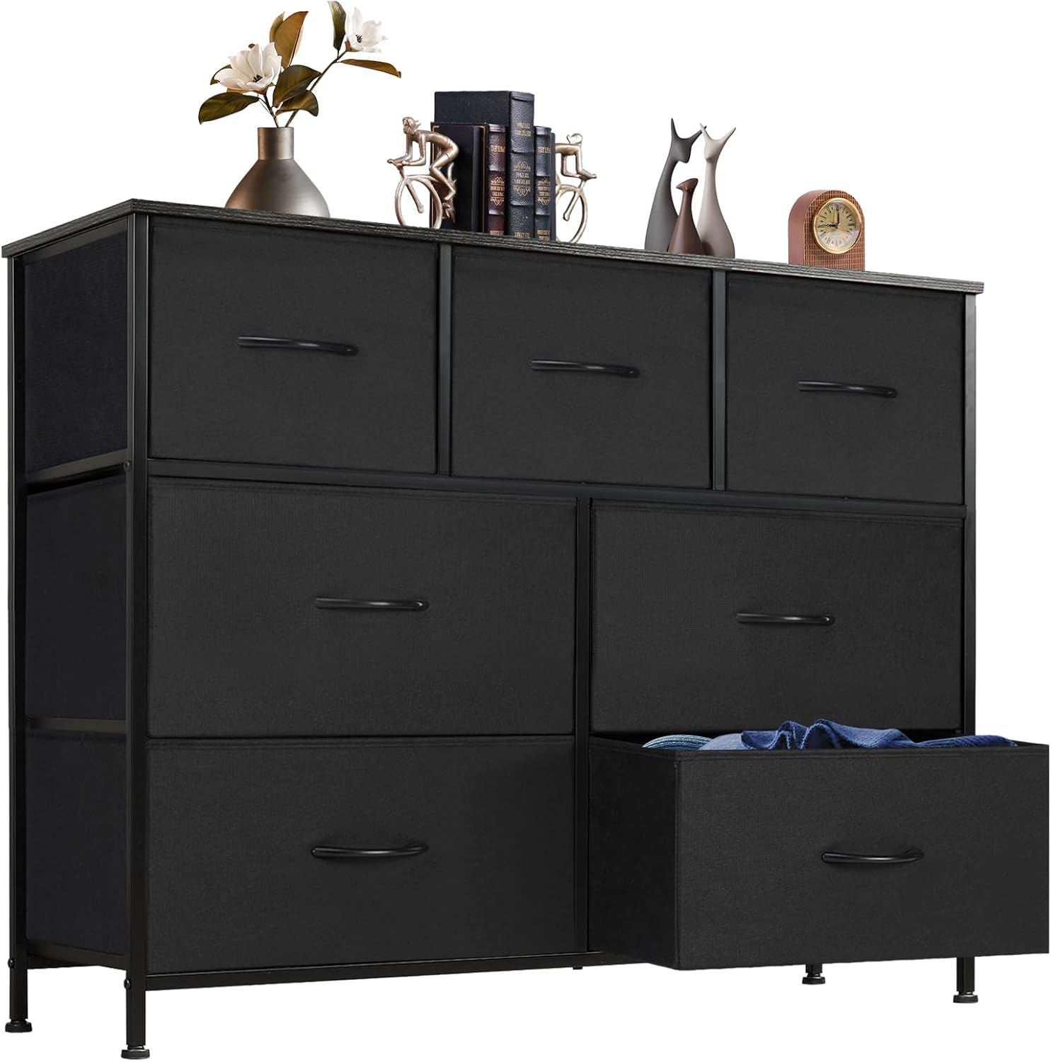 DUMOS Dresser for Bedroom with 7 Drawers, Storage Organizer Units Furniture, Chest Tower TV Stand with Fabric Bins, Metal Frame, Wooden Top for Nursery, Living Room, Bedroom, Closet, Black01