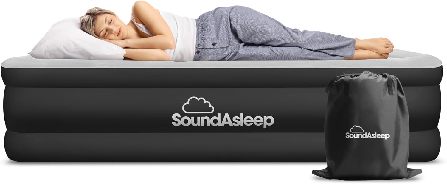 SoundAsleep Products Dream Series Luxury Air Mattress, ComfortCoil Technology, Built-in High Capacity Pump for Home, Camping- Double Height, Adjustable, Inflatable Blow Up, Portable (Queen Size)