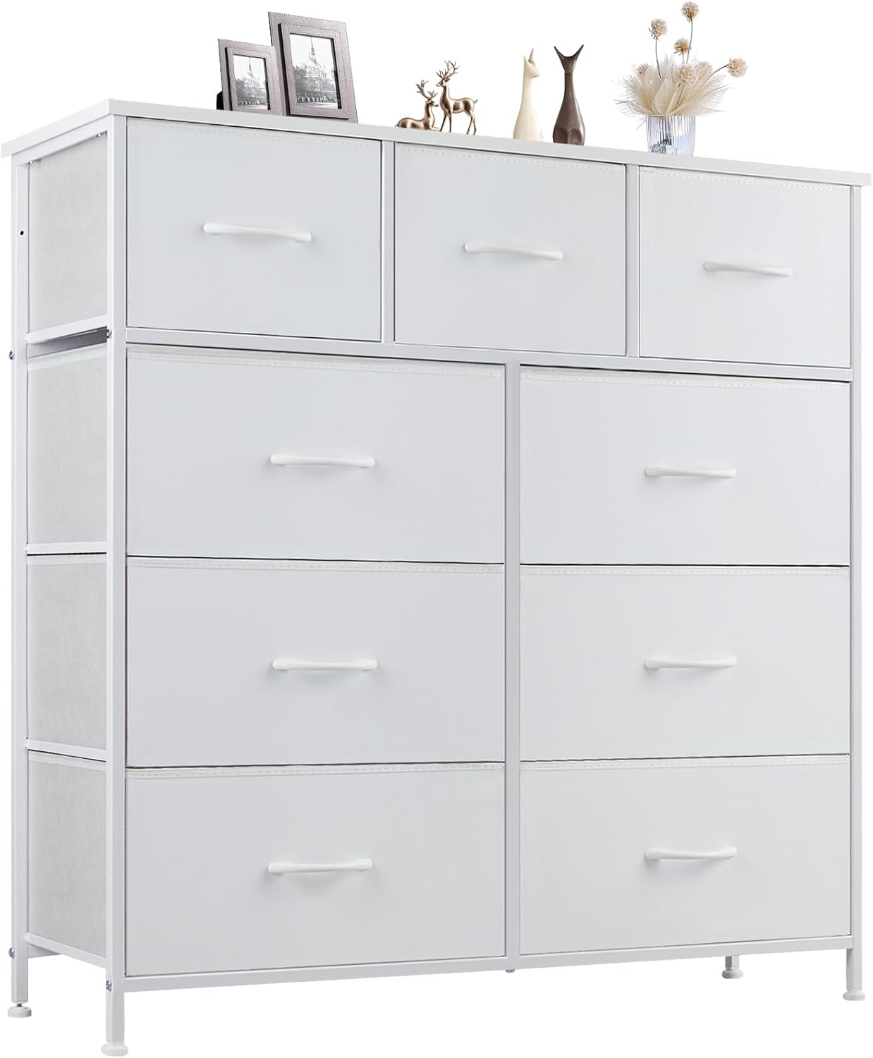 DUMOS Dresser for Bedroom with 7 Drawers, Storage Organizer Units Furniture, Chest Tower TV Stand with Fabric Bins, Metal Frame, Wooden Top for Nursery, Living Room, Bedroom, Closet, Black01