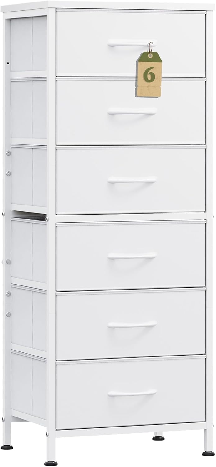 WLIVE Tall Dresser for Bedroom, 6 Drawer Dressers & Chests of Drawers, Fabric Dresser for Closet, Night Stand with Metal Frame, Storage Tower with Fabric Bins, Wood Top, Rustic Brown Wood Grain Print