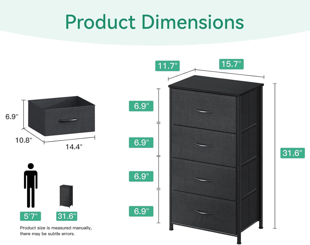 AODK Dresser for Bedroom with 4 Storage Drawers, Small Dressers Chest of Drawers Fabric Dresser with Sturdy Steel Frame, Black