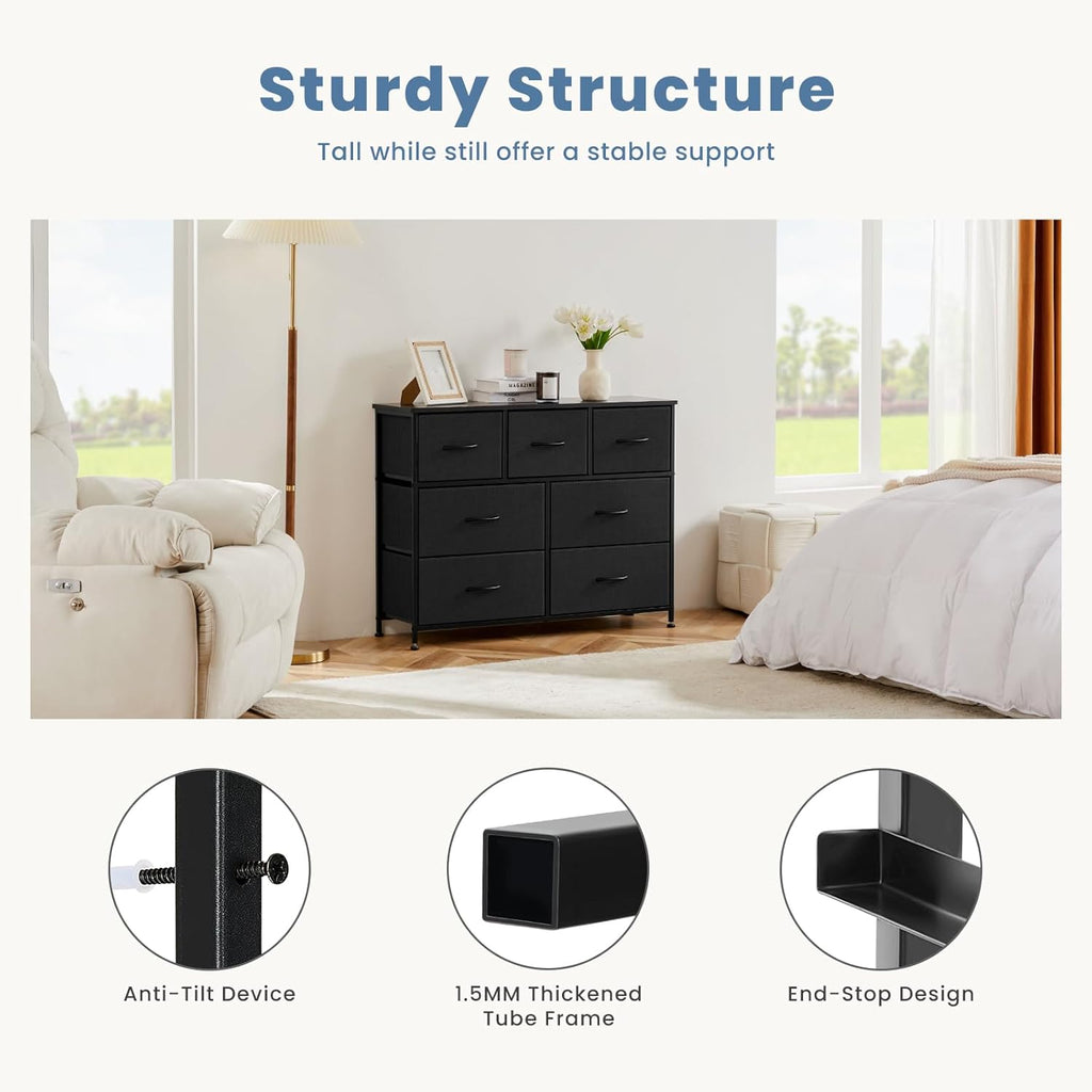 DUMOS Dresser for Bedroom with 7 Drawers, Storage Organizer Units Furniture, Chest Tower TV Stand with Fabric Bins, Metal Frame, Wooden Top for Nursery, Living Room, Bedroom, Closet, Black01