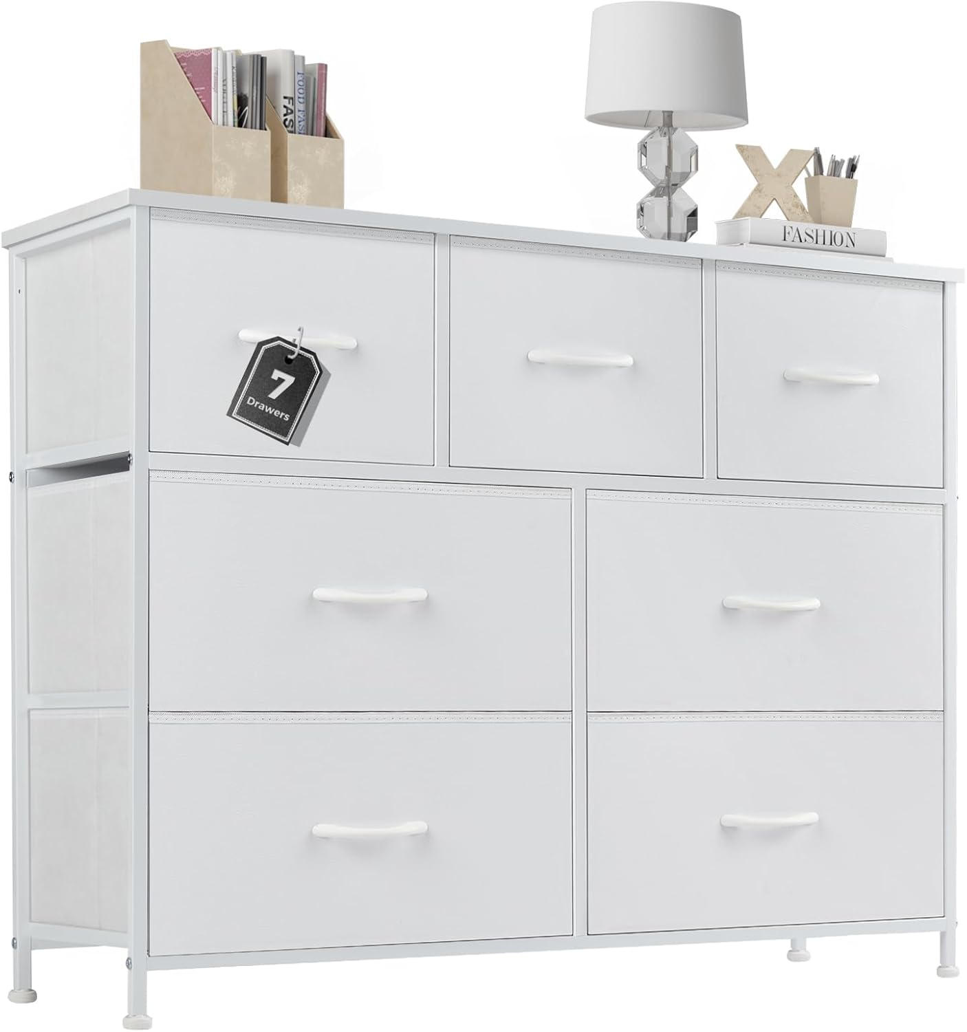DUMOS Dresser for Bedroom with 7 Drawers, Storage Organizer Units Furniture, Chest Tower TV Stand with Fabric Bins, Metal Frame, Wooden Top for Nursery, Living Room, Bedroom, Closet, Black01