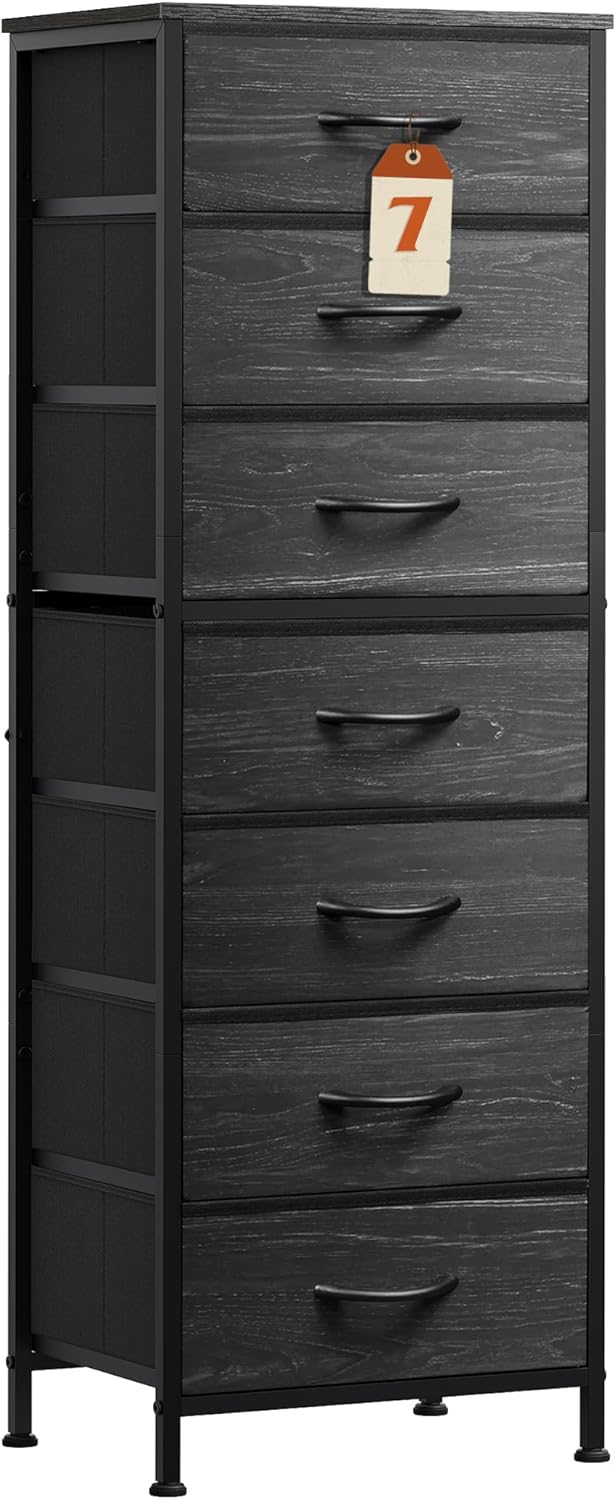 WLIVE Tall Dresser for Bedroom, 6 Drawer Dressers & Chests of Drawers, Fabric Dresser for Closet, Night Stand with Metal Frame, Storage Tower with Fabric Bins, Wood Top, Rustic Brown Wood Grain Print