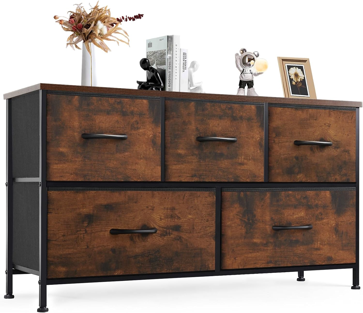 DUMOS Dresser for Bedroom with 7 Drawers, Storage Organizer Units Furniture, Chest Tower TV Stand with Fabric Bins, Metal Frame, Wooden Top for Nursery, Living Room, Bedroom, Closet, Black01