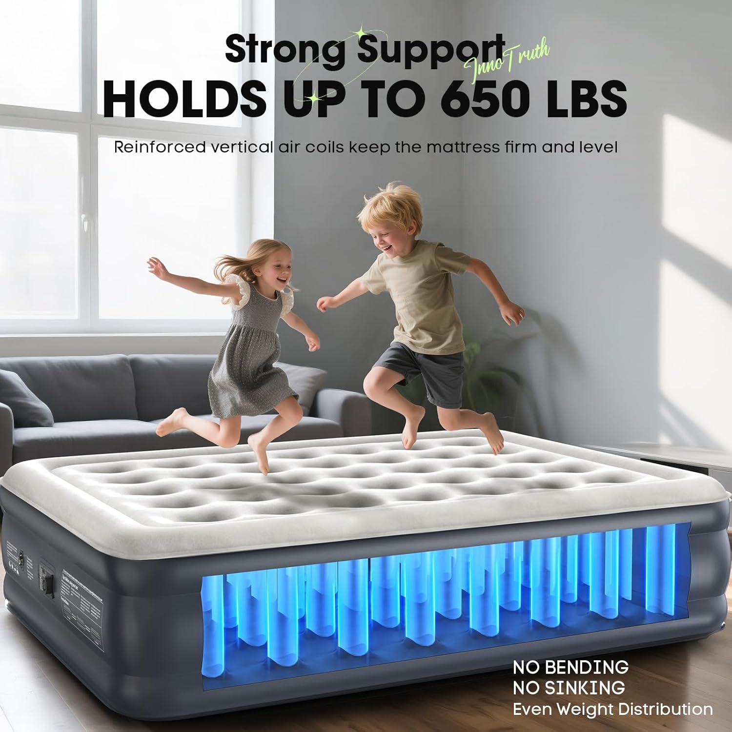 InnoTruth Air Mattress Queen with Built in Pump, Inflatable Blow up Mattress, 18" Raised Colchones Inflables Air Bed for Guests & Home, Ideal for Home Use and Outdoor Camping, 650lb Weight Capacity