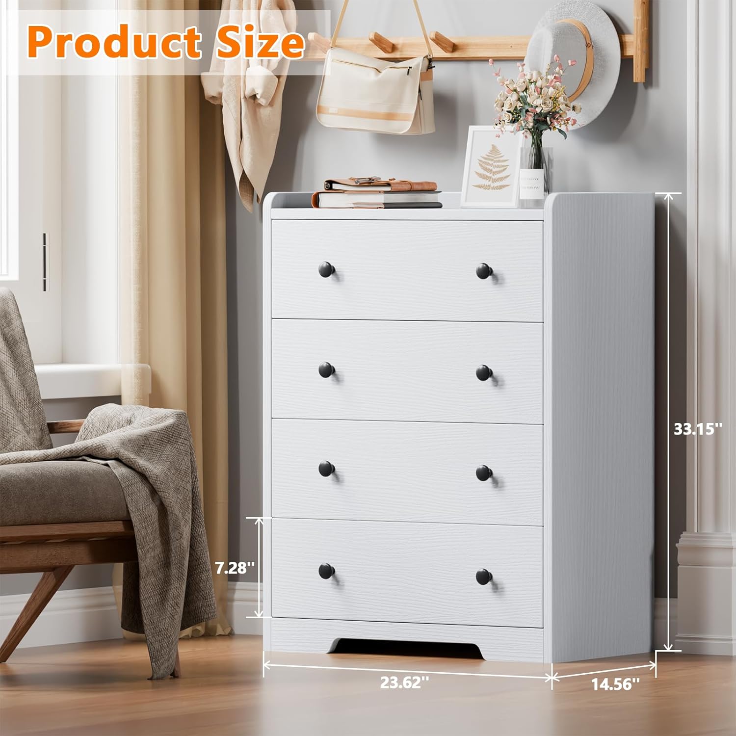 Furnulem 4-Drawer Dresser for Bedroom - White Wood Chest of Drawers Closet Storage Cabinet Organizer for Bedroom, Living Room, Hallway & Office