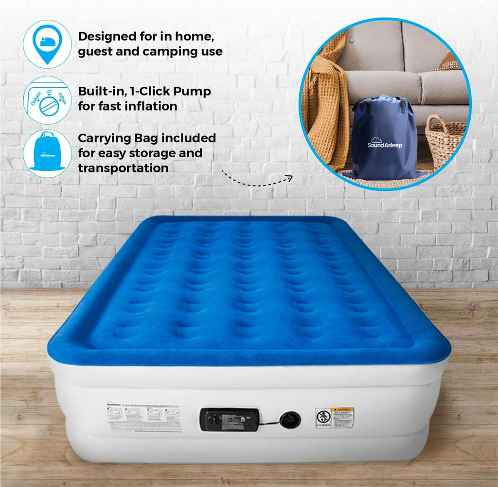 SoundAsleep Products Dream Series Luxury Air Mattress, ComfortCoil Technology, Built-in High Capacity Pump for Home, Camping- Double Height, Adjustable, Inflatable Blow Up, Portable (Queen Size)