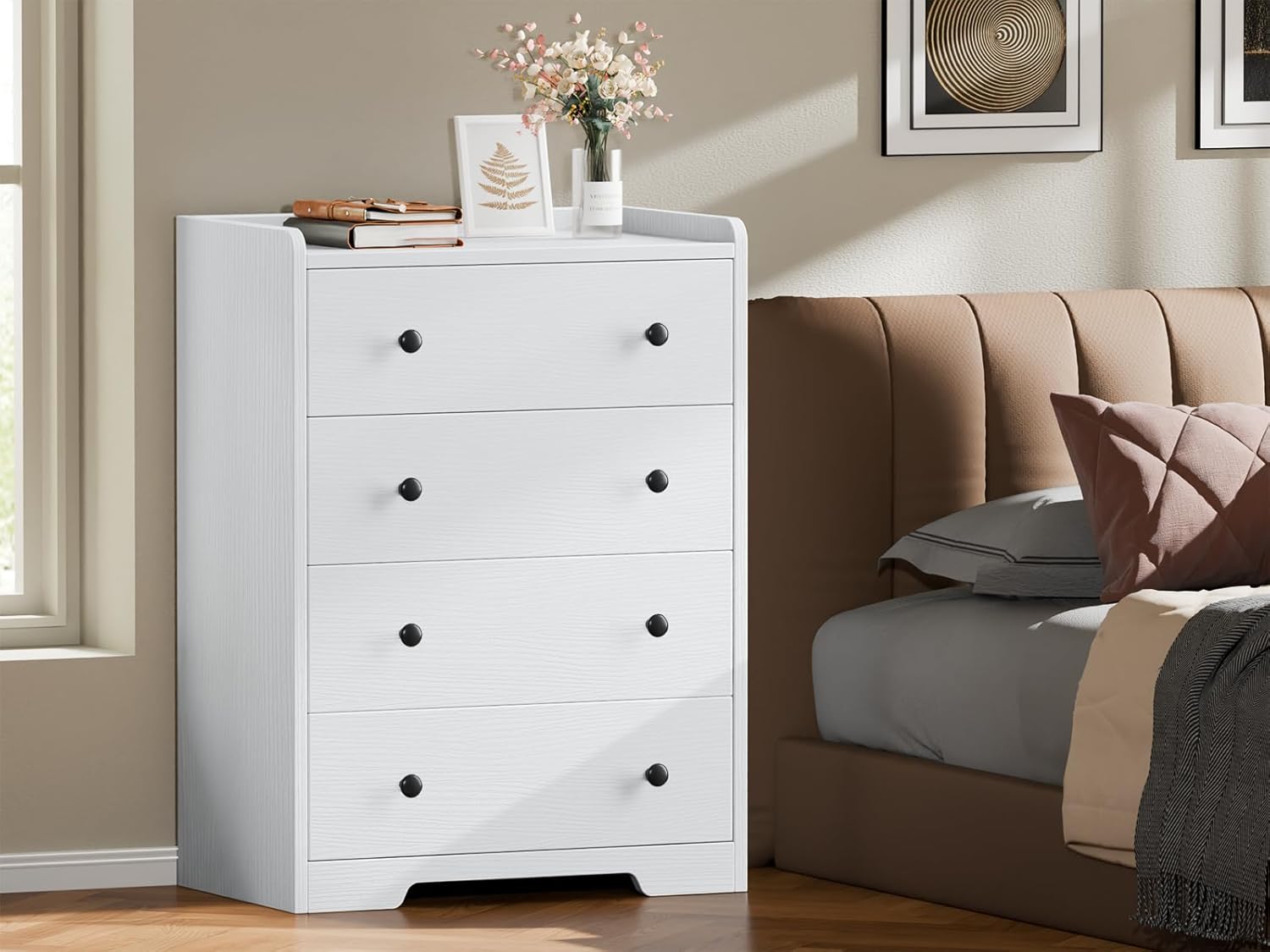 Furnulem 4-Drawer Dresser for Bedroom - White Wood Chest of Drawers Closet Storage Cabinet Organizer for Bedroom, Living Room, Hallway & Office