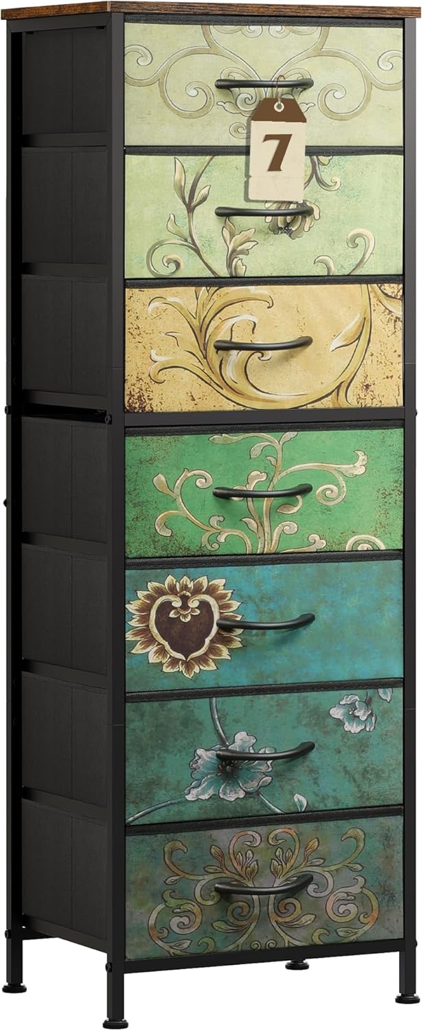 WLIVE Tall Dresser for Bedroom, 6 Drawer Dressers & Chests of Drawers, Fabric Dresser for Closet, Night Stand with Metal Frame, Storage Tower with Fabric Bins, Wood Top, Rustic Brown Wood Grain Print