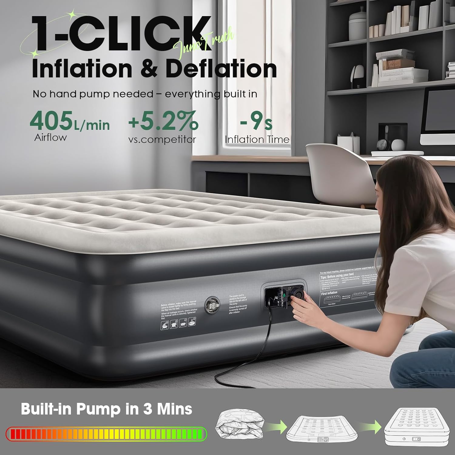 InnoTruth Air Mattress Queen with Built in Pump, Inflatable Blow up Mattress, 18" Raised Colchones Inflables Air Bed for Guests & Home, Ideal for Home Use and Outdoor Camping, 650lb Weight Capacity