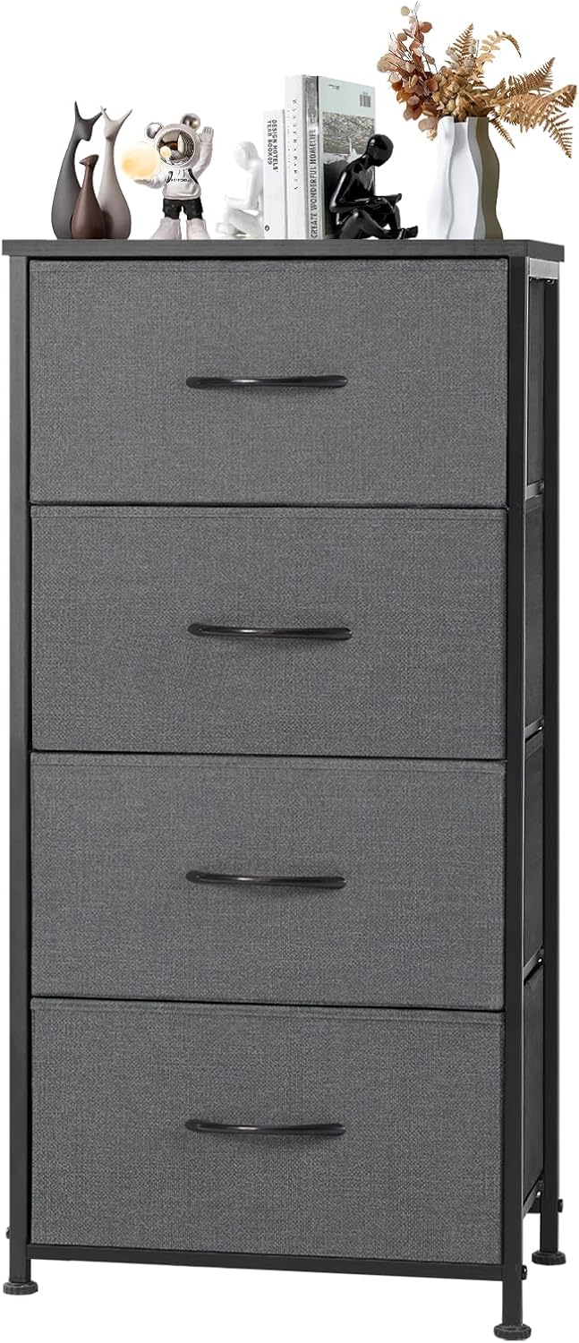 DUMOS Dresser for Bedroom with 7 Drawers, Storage Organizer Units Furniture, Chest Tower TV Stand with Fabric Bins, Metal Frame, Wooden Top for Nursery, Living Room, Bedroom, Closet, Black01