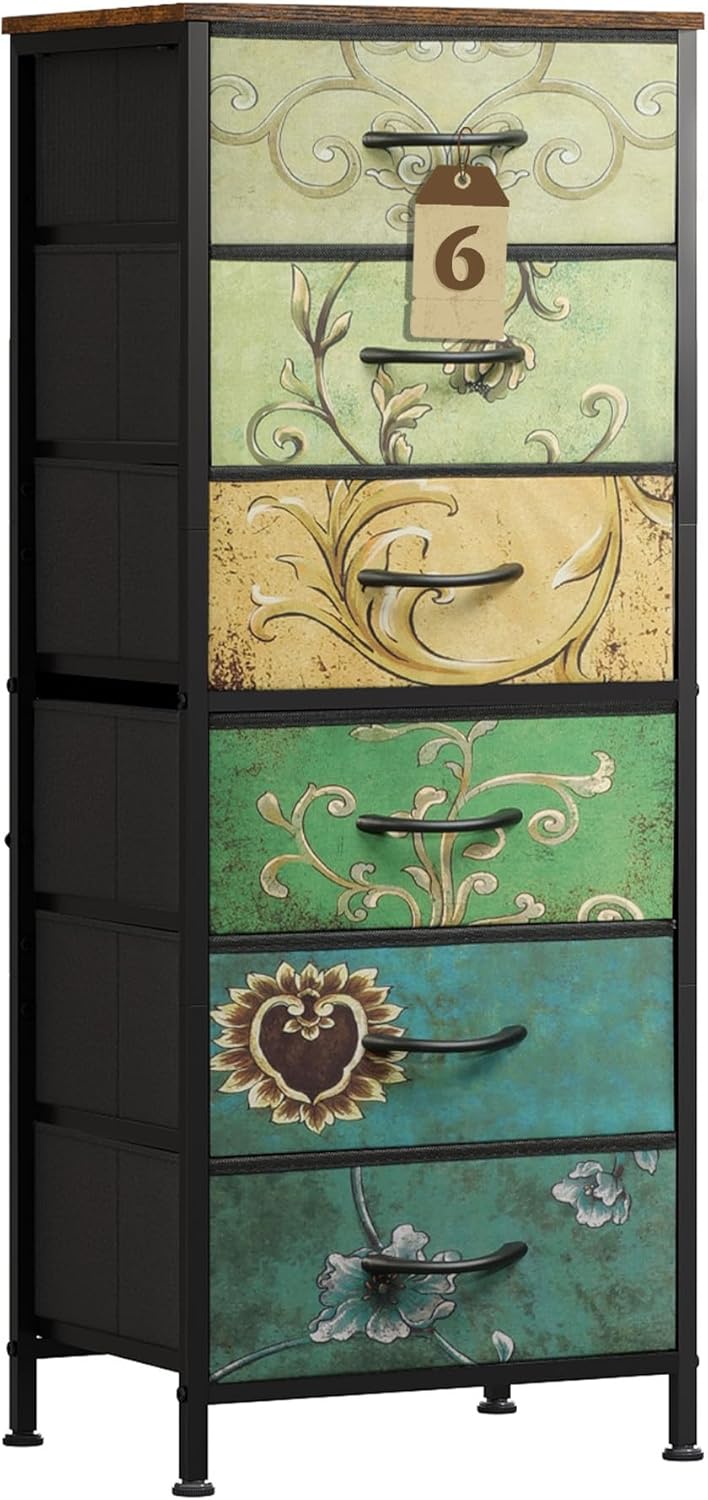 WLIVE Tall Dresser for Bedroom, 6 Drawer Dressers & Chests of Drawers, Fabric Dresser for Closet, Night Stand with Metal Frame, Storage Tower with Fabric Bins, Wood Top, Rustic Brown Wood Grain Print