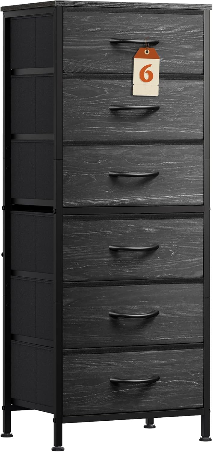 WLIVE Tall Dresser for Bedroom, 6 Drawer Dressers & Chests of Drawers, Fabric Dresser for Closet, Night Stand with Metal Frame, Storage Tower with Fabric Bins, Wood Top, Rustic Brown Wood Grain Print