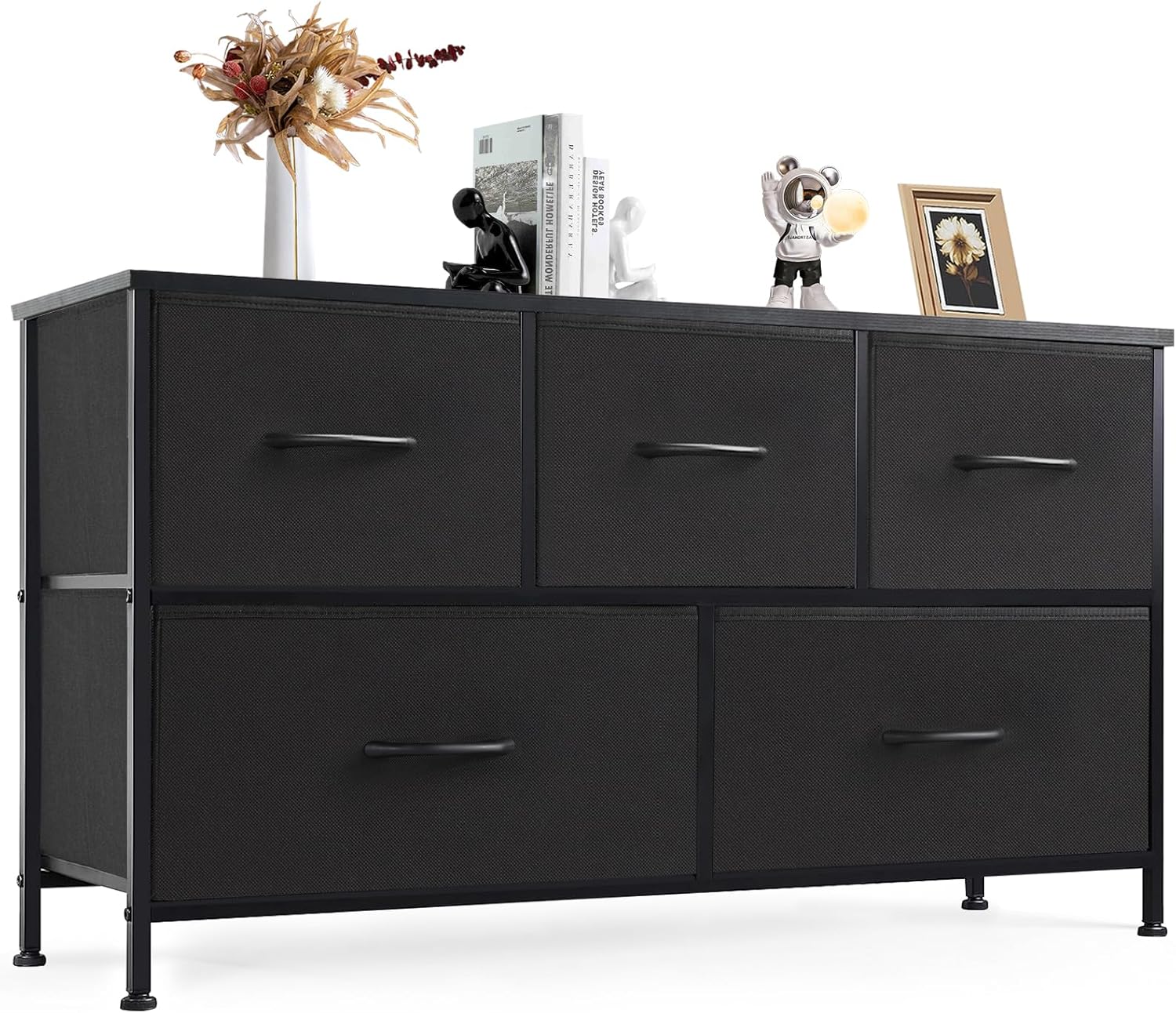 DUMOS Dresser for Bedroom with 7 Drawers, Storage Organizer Units Furniture, Chest Tower TV Stand with Fabric Bins, Metal Frame, Wooden Top for Nursery, Living Room, Bedroom, Closet, Black01