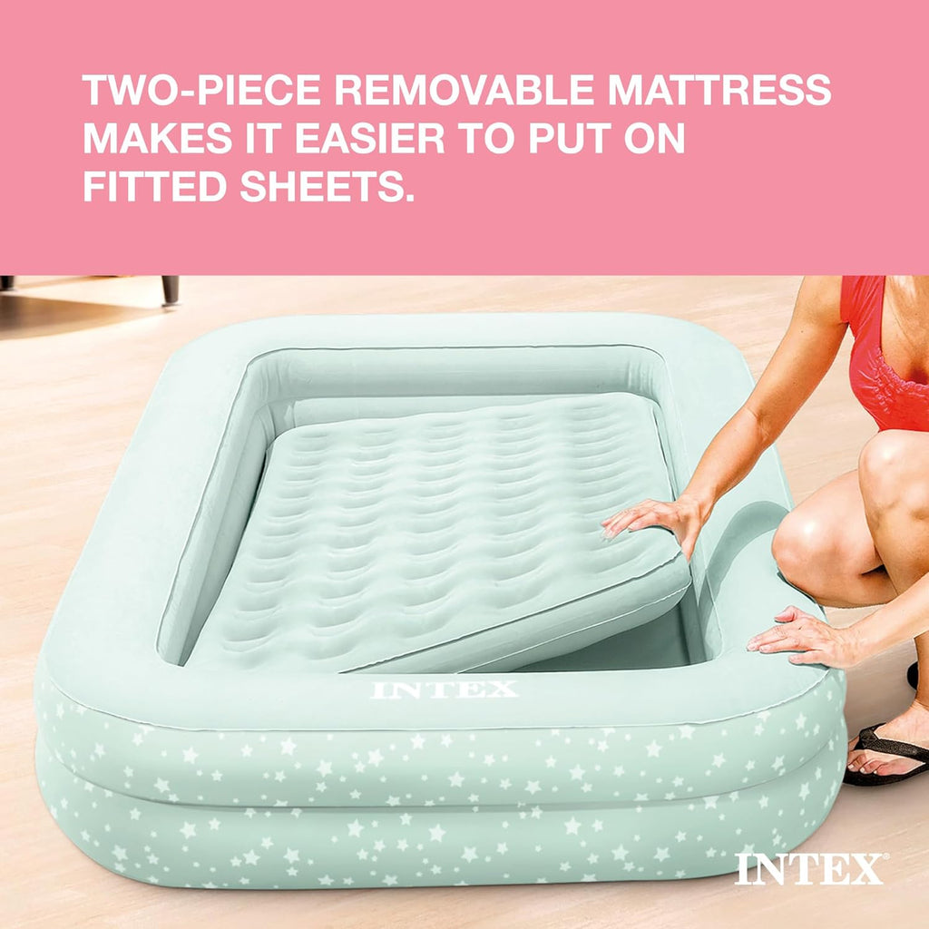 Intex Kids Travel Air Mattress Inflatable Bed with Raised Sides and Hand Pump - Portable Blow-Up Toddler Traveler Bed for Children's Naps or Sleep