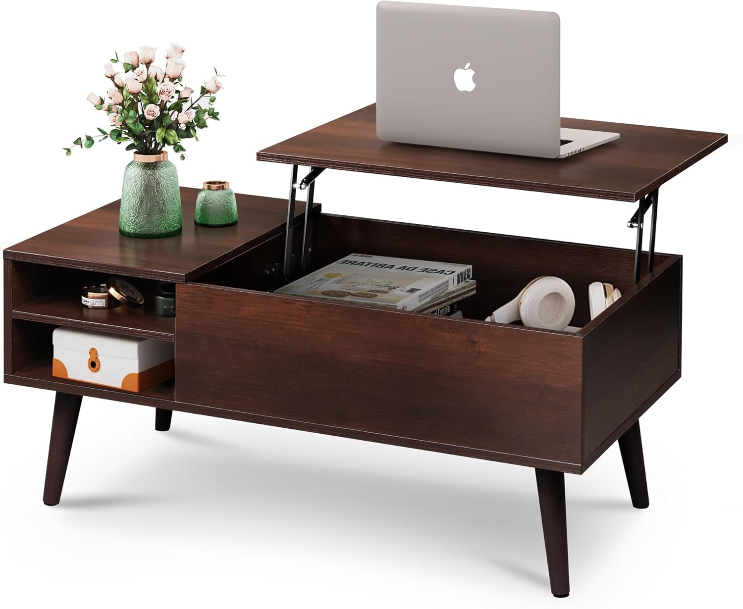 WLIVE Lift Top Coffee Table for Living Room,Small Coffee Table with Storage, Adjustable Shelf and Storage Compartment, Mid Century Modern Living Room Table, Wood, Rustic Brown