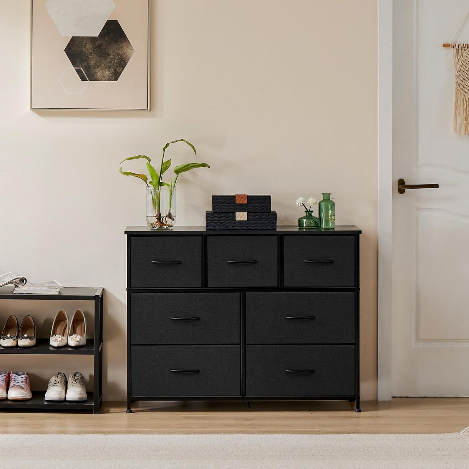 DUMOS Dresser for Bedroom with 7 Drawers, Storage Organizer Units Furniture, Chest Tower TV Stand with Fabric Bins, Metal Frame, Wooden Top for Nursery, Living Room, Bedroom, Closet, Black01