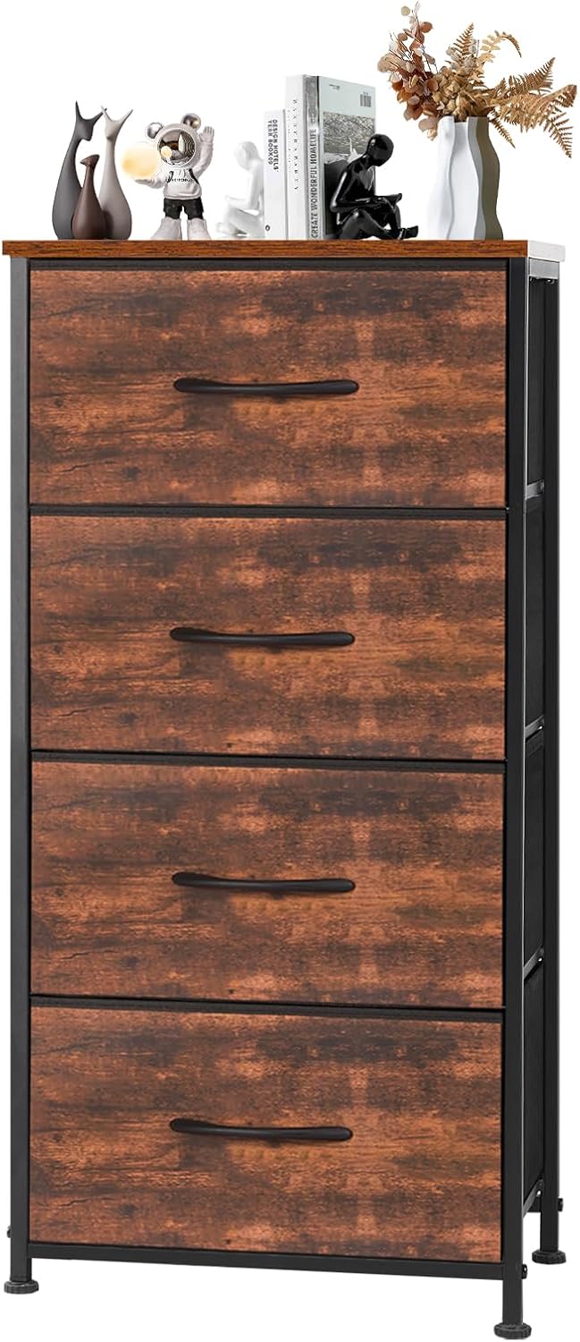 DUMOS Dresser for Bedroom with 7 Drawers, Storage Organizer Units Furniture, Chest Tower TV Stand with Fabric Bins, Metal Frame, Wooden Top for Nursery, Living Room, Bedroom, Closet, Black01