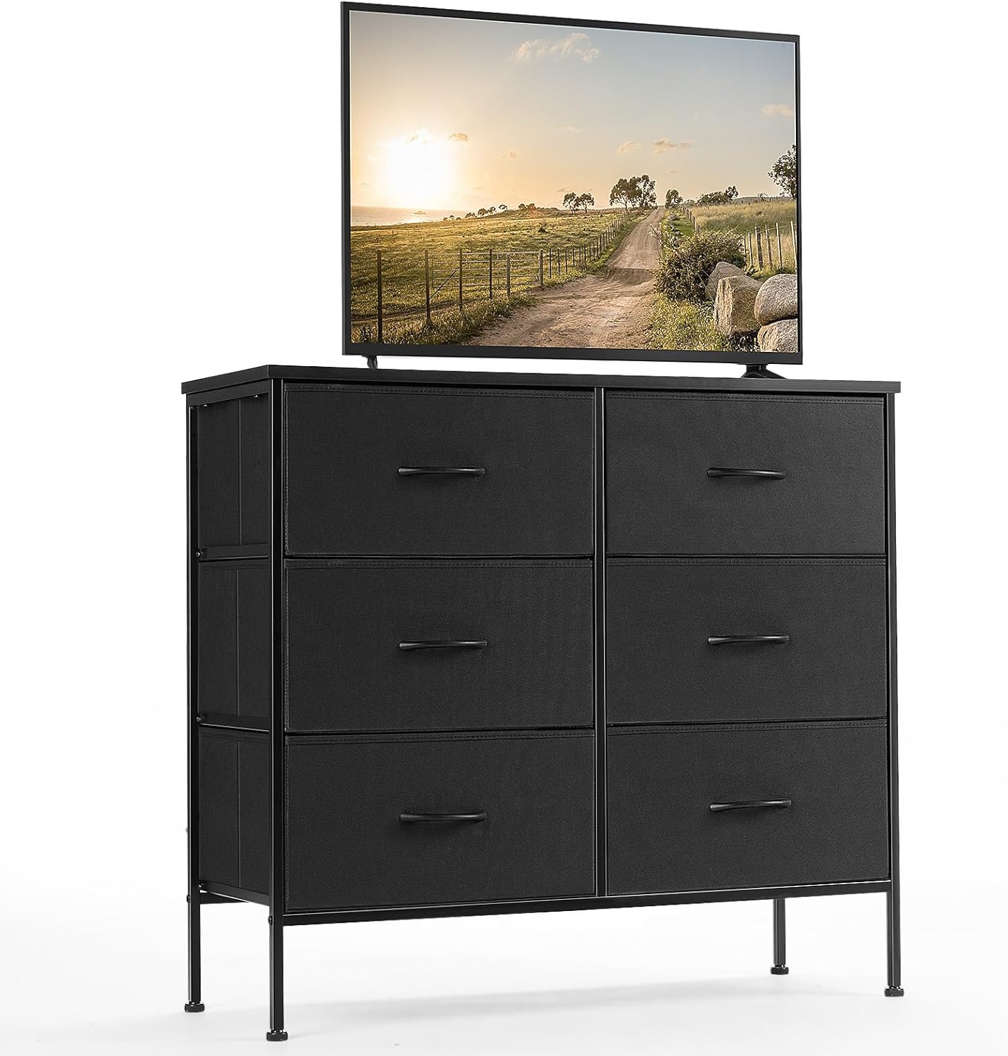 DUMOS Dresser for Bedroom with 7 Drawers, Storage Organizer Units Furniture, Chest Tower TV Stand with Fabric Bins, Metal Frame, Wooden Top for Nursery, Living Room, Bedroom, Closet, Black01