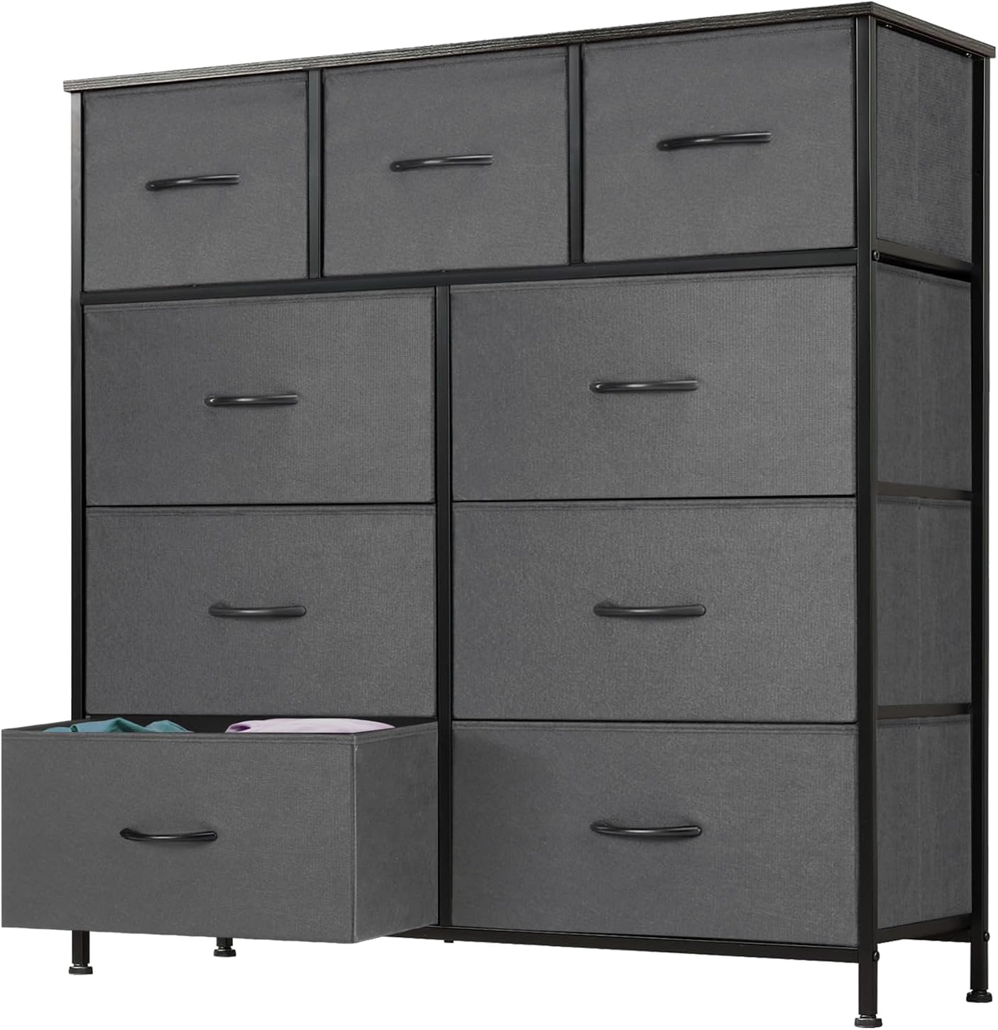 DUMOS Dresser for Bedroom with 7 Drawers, Storage Organizer Units Furniture, Chest Tower TV Stand with Fabric Bins, Metal Frame, Wooden Top for Nursery, Living Room, Bedroom, Closet, Black01