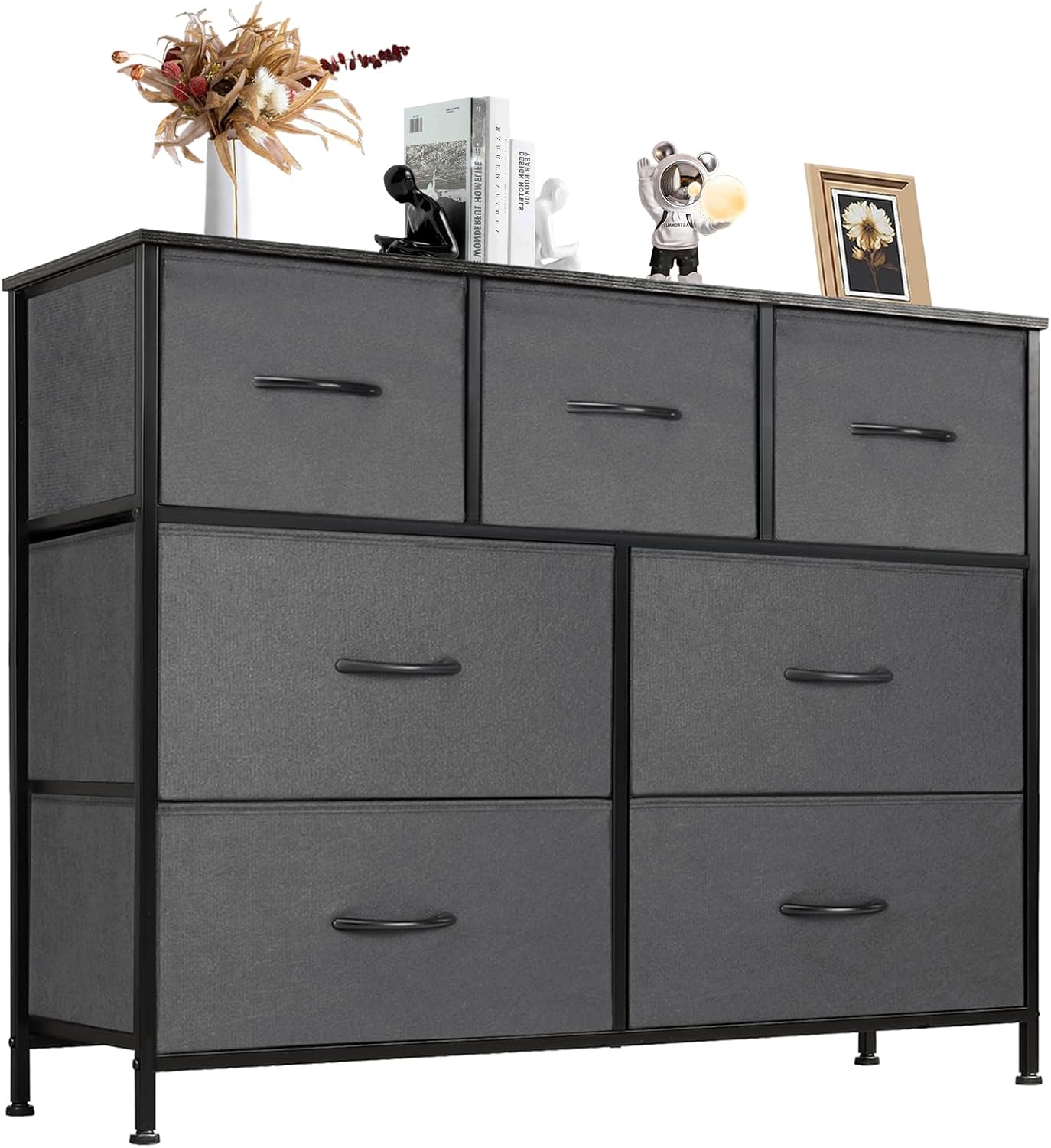 DUMOS Dresser for Bedroom with 7 Drawers, Storage Organizer Units Furniture, Chest Tower TV Stand with Fabric Bins, Metal Frame, Wooden Top for Nursery, Living Room, Bedroom, Closet, Black01
