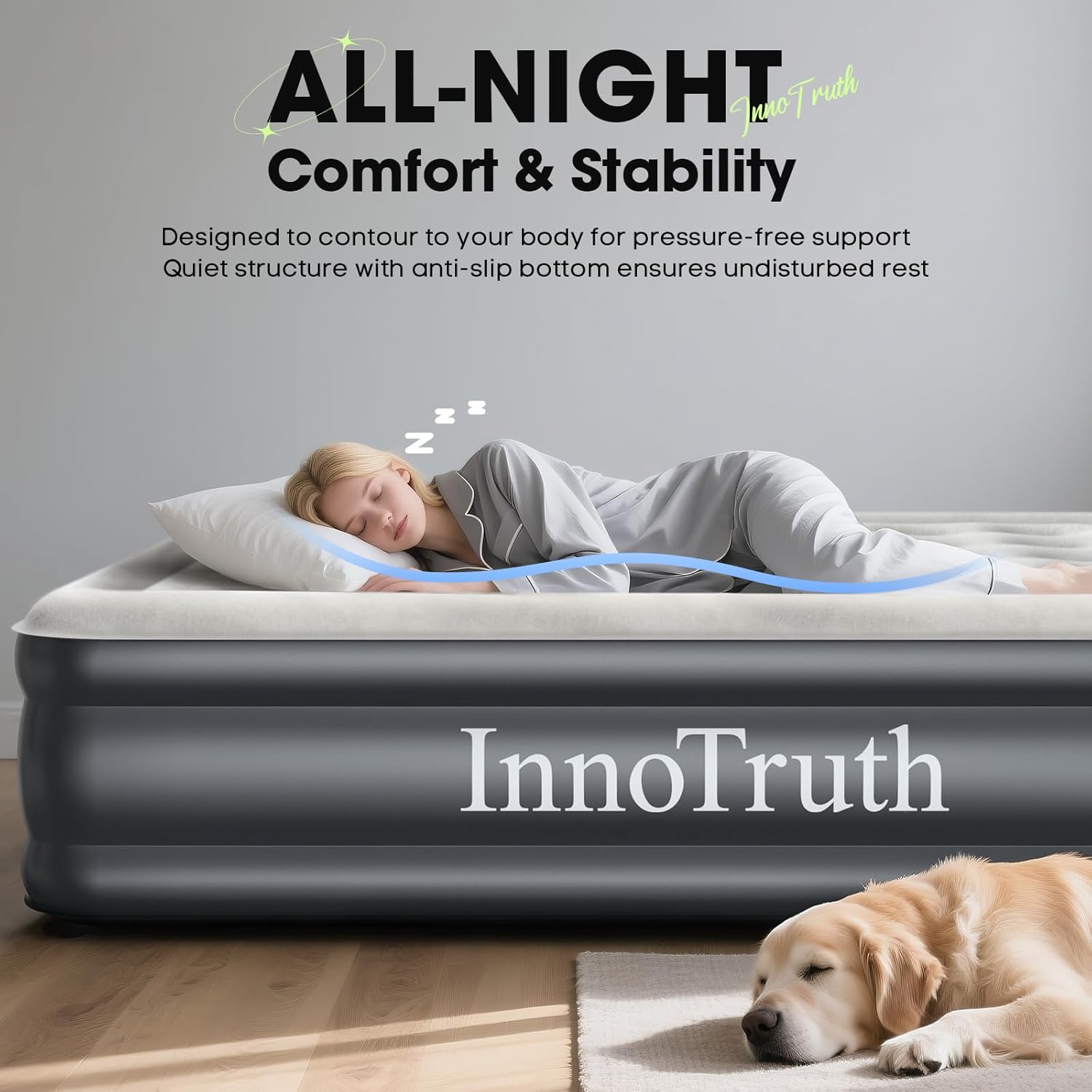 InnoTruth Air Mattress Queen with Built in Pump, Inflatable Blow up Mattress, 18" Raised Colchones Inflables Air Bed for Guests & Home, Ideal for Home Use and Outdoor Camping, 650lb Weight Capacity