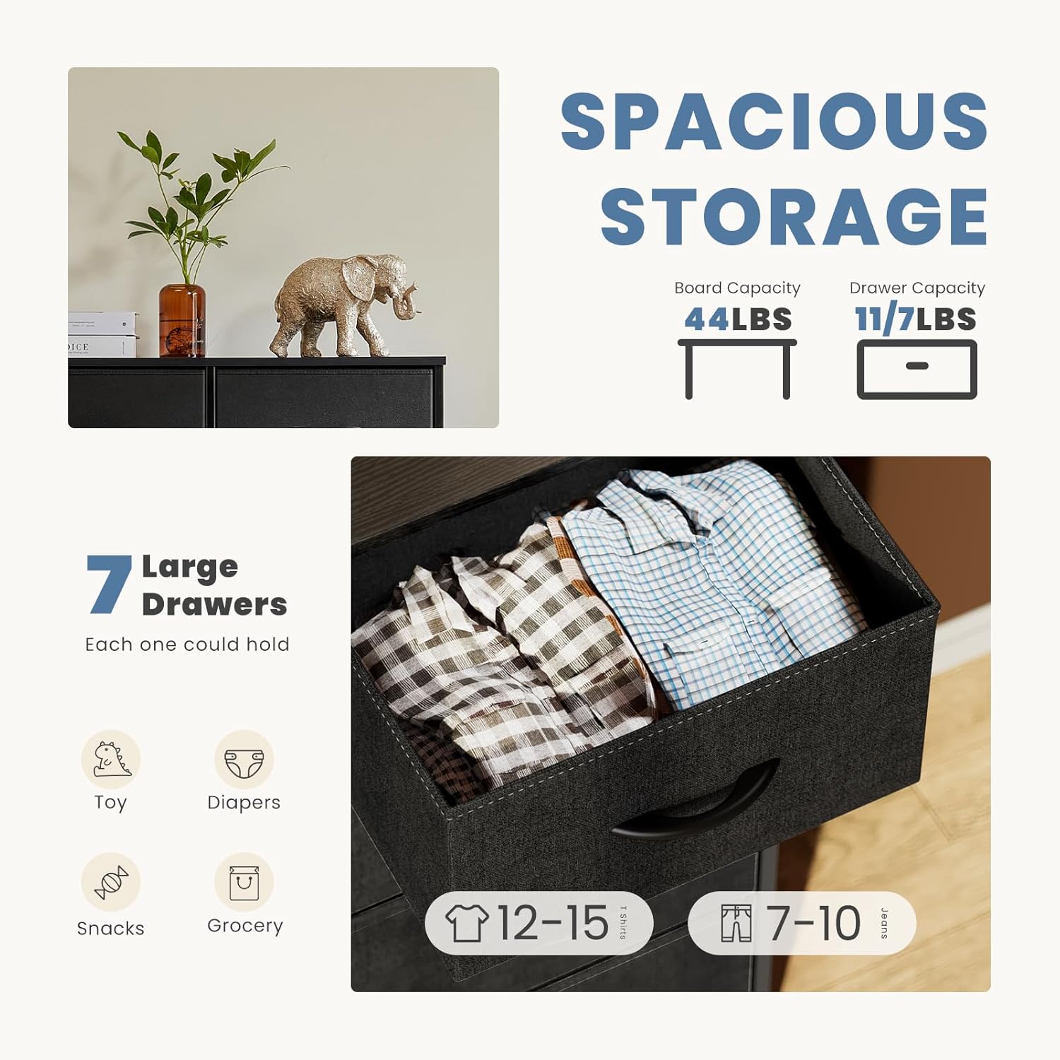 DUMOS Dresser for Bedroom with 7 Drawers, Storage Organizer Units Furniture, Chest Tower TV Stand with Fabric Bins, Metal Frame, Wooden Top for Nursery, Living Room, Bedroom, Closet, Black01