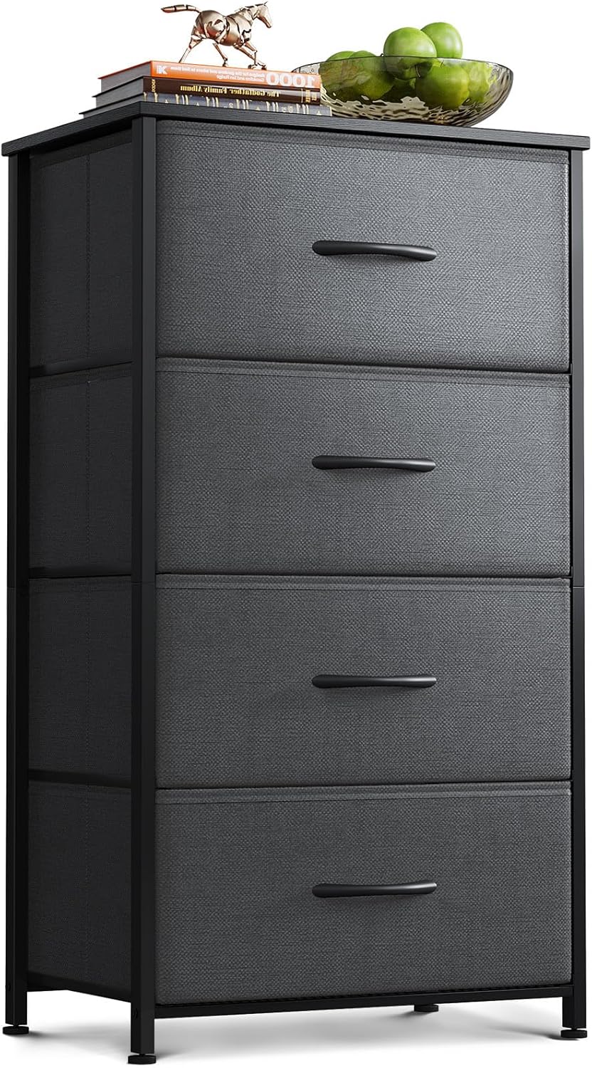 AODK Dresser for Bedroom with 4 Storage Drawers, Small Dressers Chest of Drawers Fabric Dresser with Sturdy Steel Frame, Black