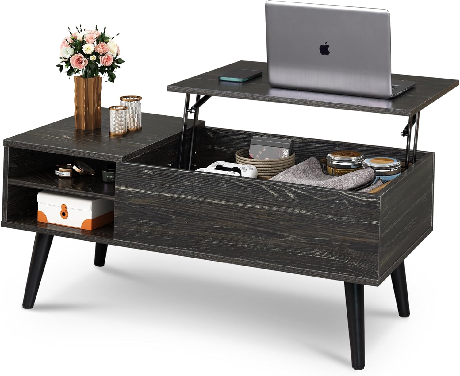 WLIVE Lift Top Coffee Table for Living Room,Small Coffee Table with Storage, Adjustable Shelf and Storage Compartment, Mid Century Modern Living Room Table, Wood, Rustic Brown