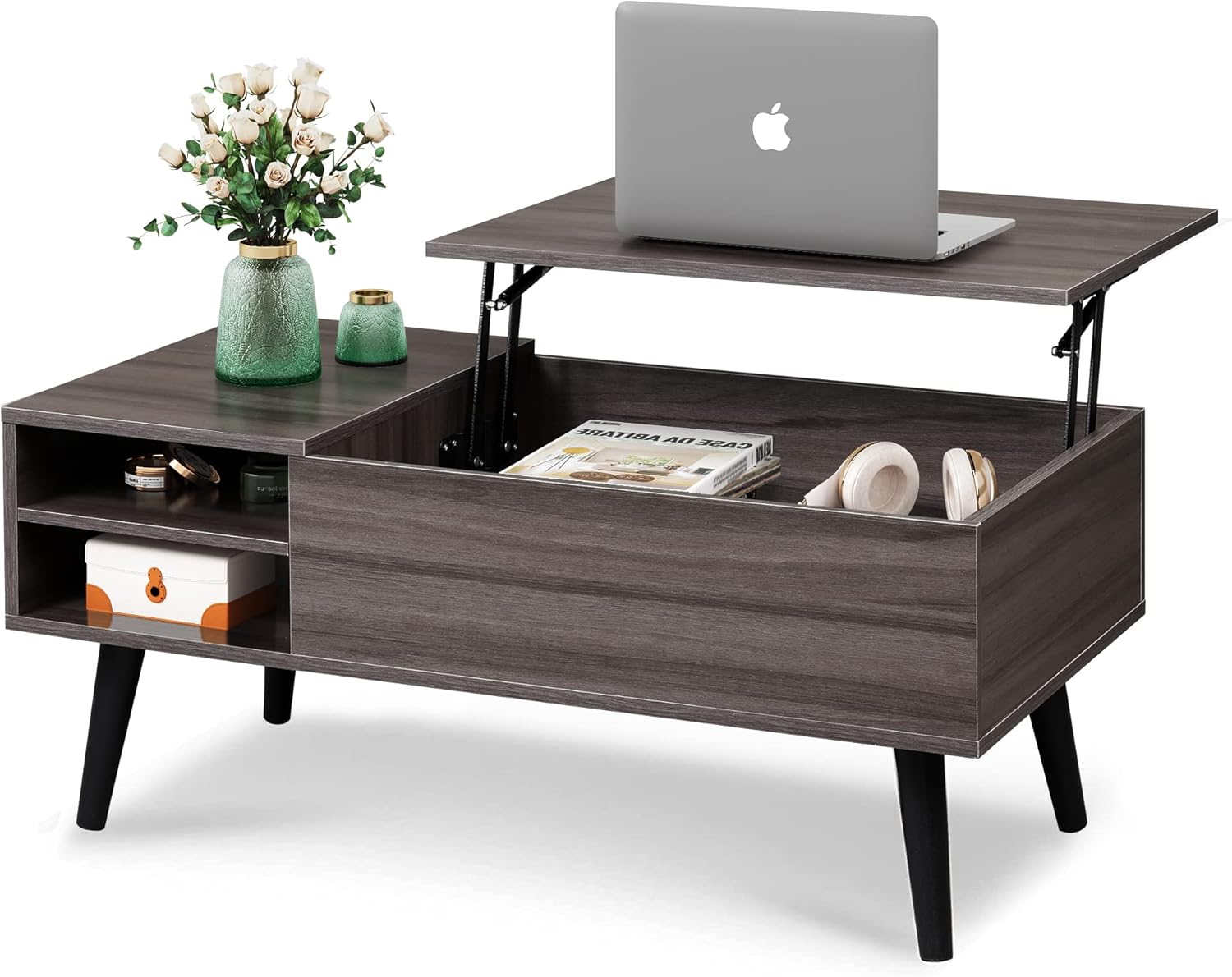 WLIVE Lift Top Coffee Table for Living Room,Small Coffee Table with Storage, Adjustable Shelf and Storage Compartment, Mid Century Modern Living Room Table, Wood, Rustic Brown