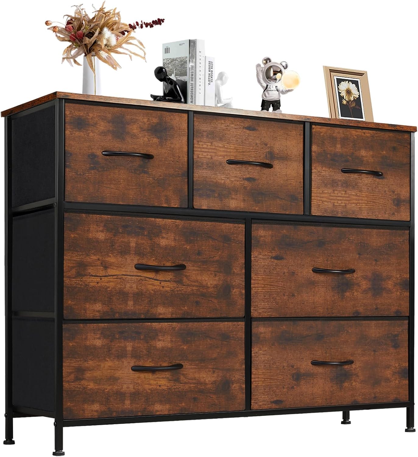 DUMOS Dresser for Bedroom with 7 Drawers, Storage Organizer Units Furniture, Chest Tower TV Stand with Fabric Bins, Metal Frame, Wooden Top for Nursery, Living Room, Bedroom, Closet, Black01