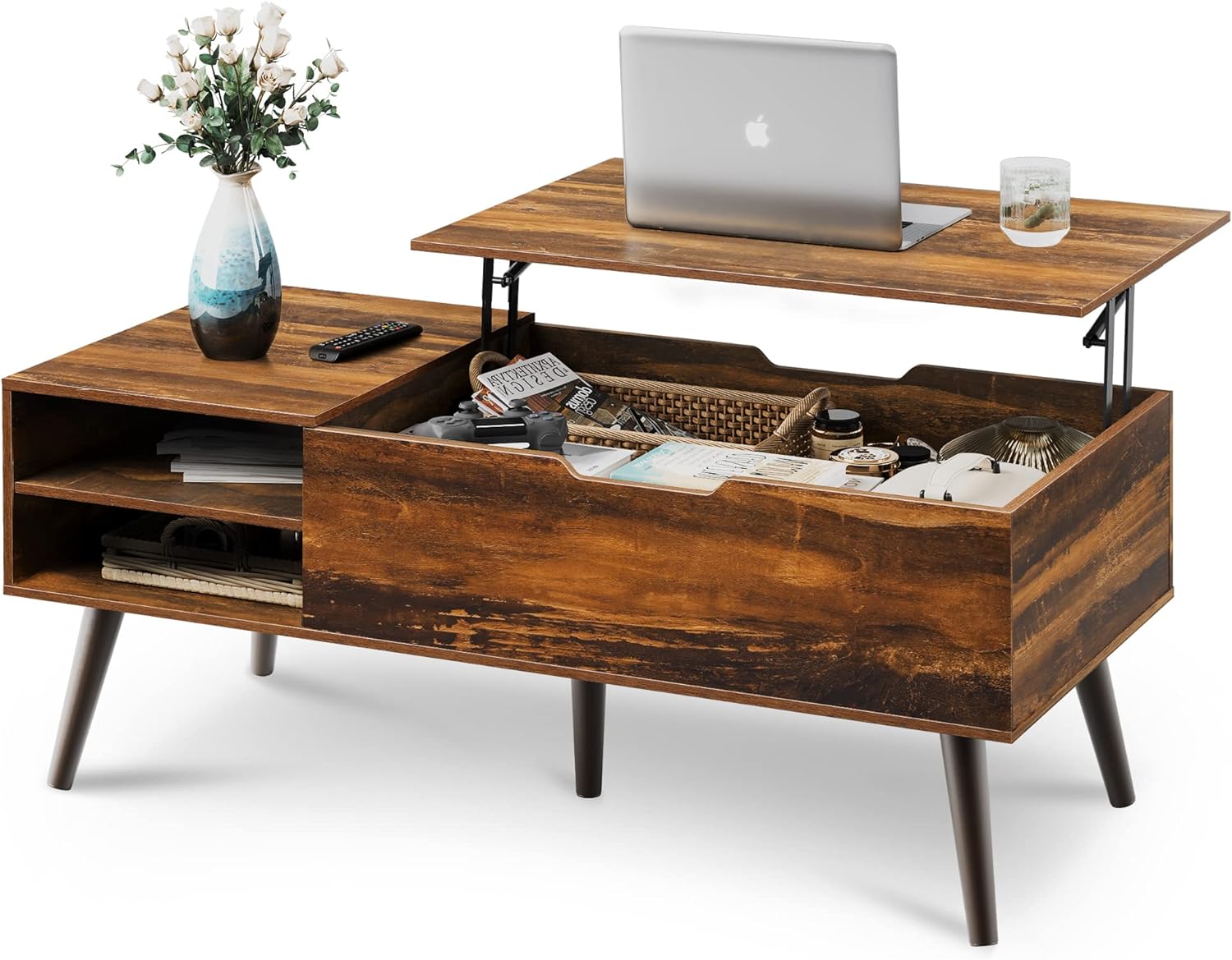WLIVE Lift Top Coffee Table for Living Room,Small Coffee Table with Storage, Adjustable Shelf and Storage Compartment, Mid Century Modern Living Room Table, Wood, Rustic Brown