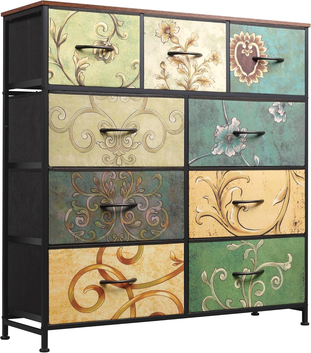 WLIVE 9-Drawer Dresser, Fabric Storage Tower for Bedroom, Hallway, Entryway, Closet, Tall Chest Organizer Unit with Fabric Bins, Steel Frame, Wood Top, Easy Pull Handle, Rustic Brown Wood Grain Print