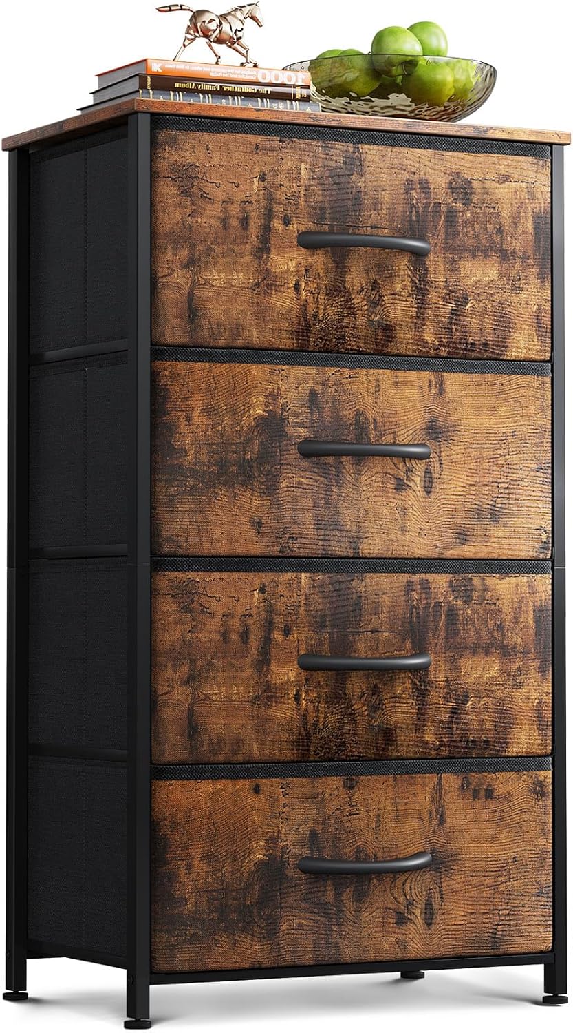 AODK Dresser for Bedroom with 4 Storage Drawers, Small Dressers Chest of Drawers Fabric Dresser with Sturdy Steel Frame, Black