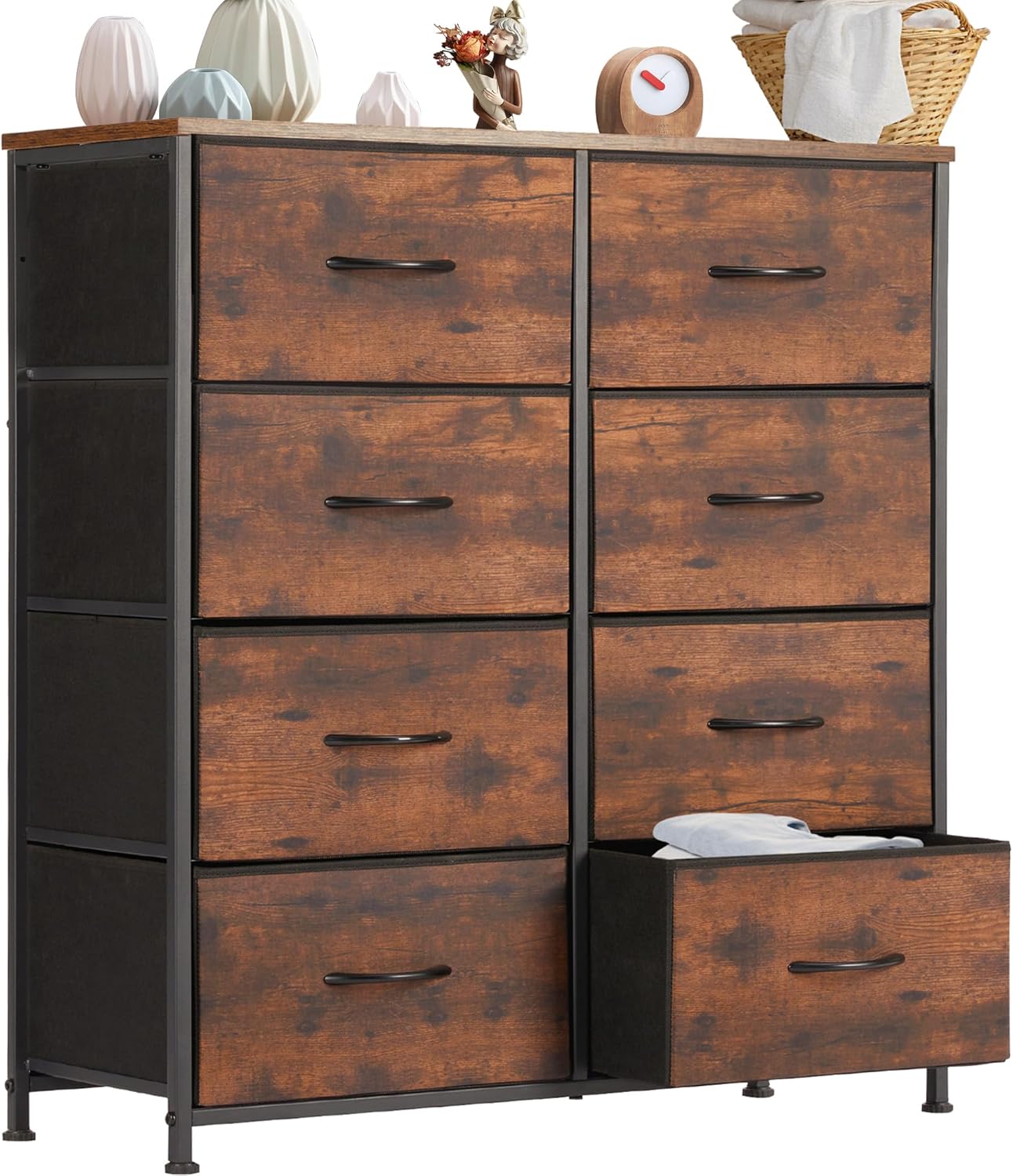 DUMOS Dresser for Bedroom with 7 Drawers, Storage Organizer Units Furniture, Chest Tower TV Stand with Fabric Bins, Metal Frame, Wooden Top for Nursery, Living Room, Bedroom, Closet, Black01