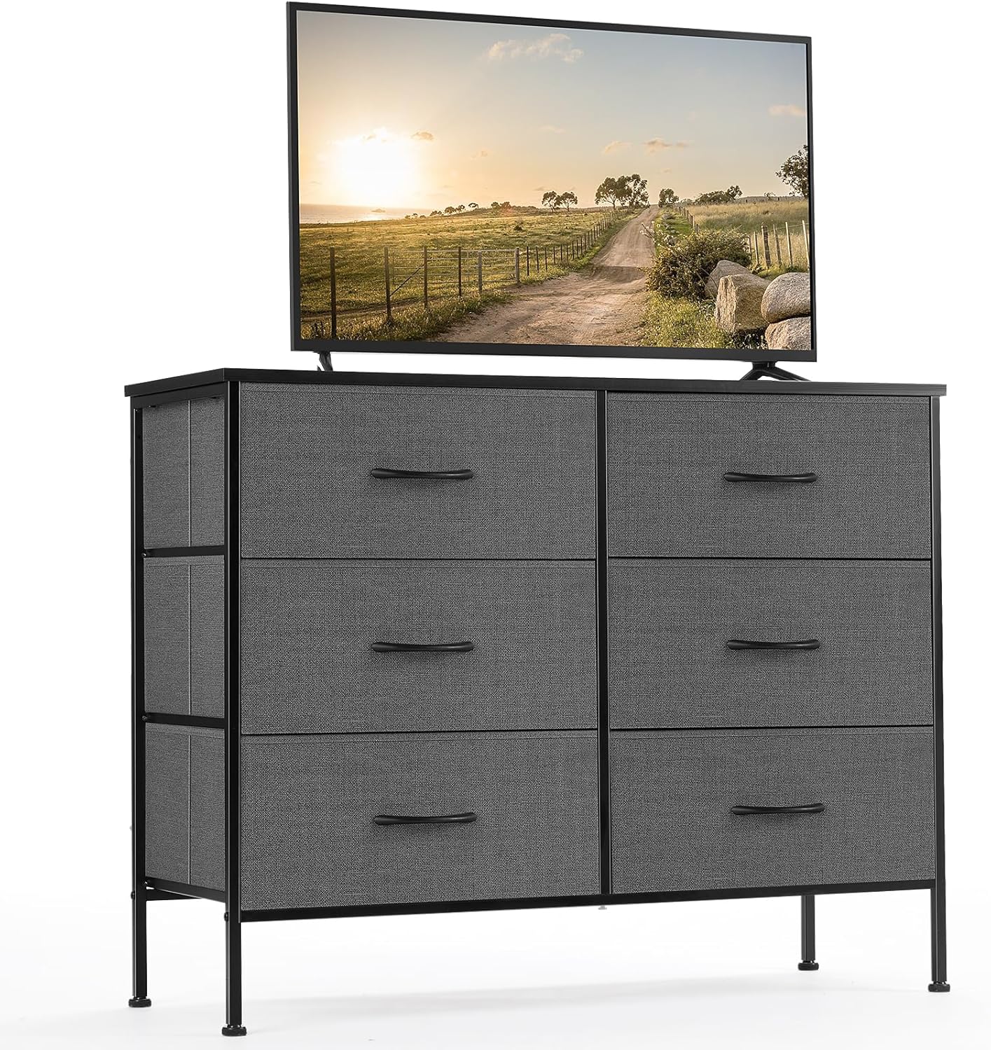 DUMOS Dresser for Bedroom with 7 Drawers, Storage Organizer Units Furniture, Chest Tower TV Stand with Fabric Bins, Metal Frame, Wooden Top for Nursery, Living Room, Bedroom, Closet, Black01