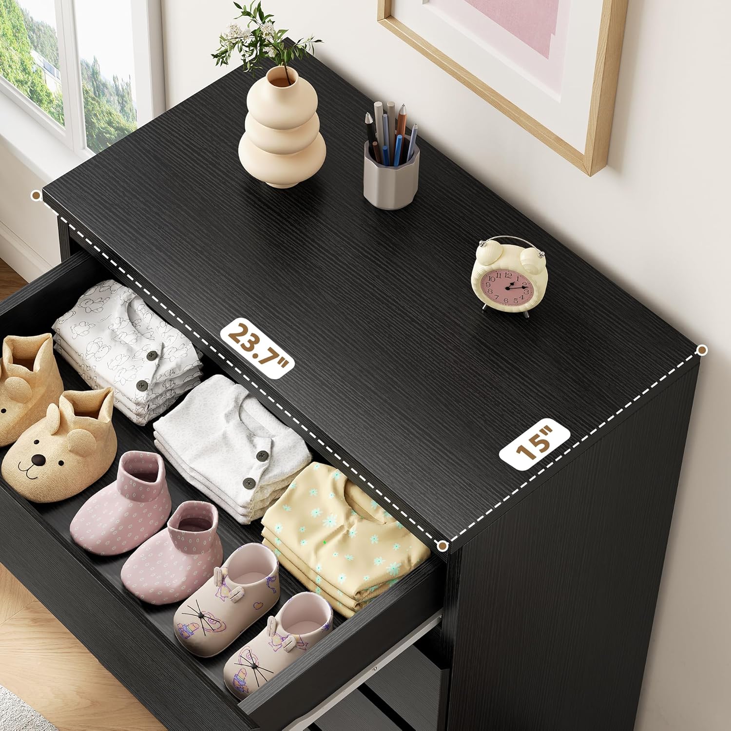 Black Modern 5 Drawer Dresser for Bedroom, 15" D x 23.7" W x 40.4" H in Simply Chest of Drawers, Wood Storage Dresser with Deep Drawers for Living Room Hallway Entryway, Black