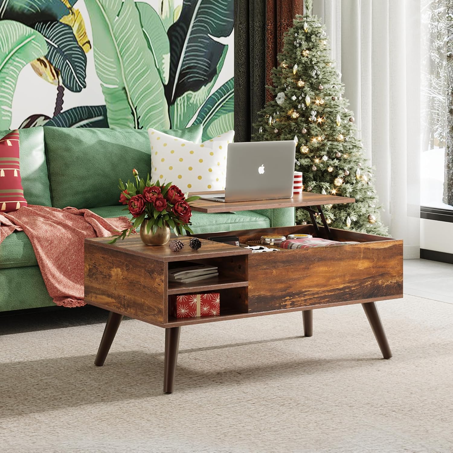WLIVE Lift Top Coffee Table for Living Room,Small Coffee Table with Storage, Adjustable Shelf and Storage Compartment, Mid Century Modern Living Room Table, Wood, Rustic Brown