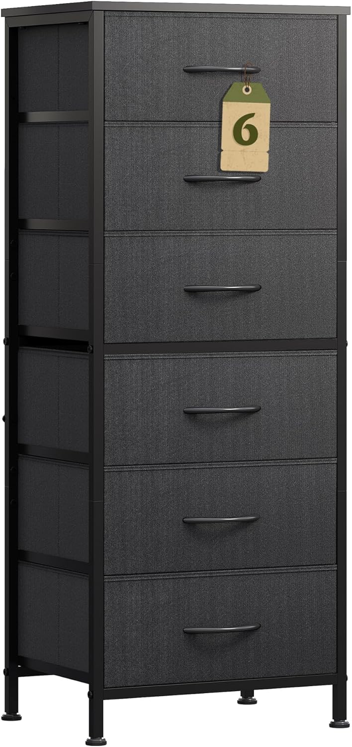 WLIVE Tall Dresser for Bedroom, 6 Drawer Dressers & Chests of Drawers, Fabric Dresser for Closet, Night Stand with Metal Frame, Storage Tower with Fabric Bins, Wood Top, Rustic Brown Wood Grain Print