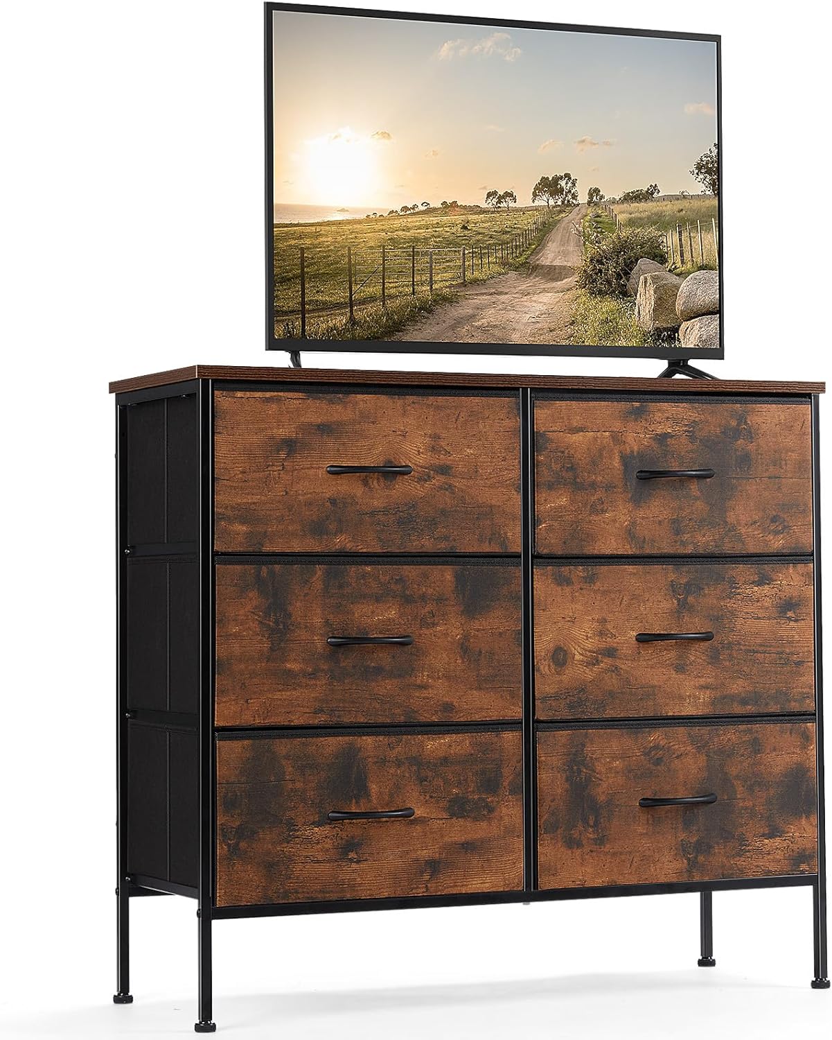 DUMOS Dresser for Bedroom with 7 Drawers, Storage Organizer Units Furniture, Chest Tower TV Stand with Fabric Bins, Metal Frame, Wooden Top for Nursery, Living Room, Bedroom, Closet, Black01