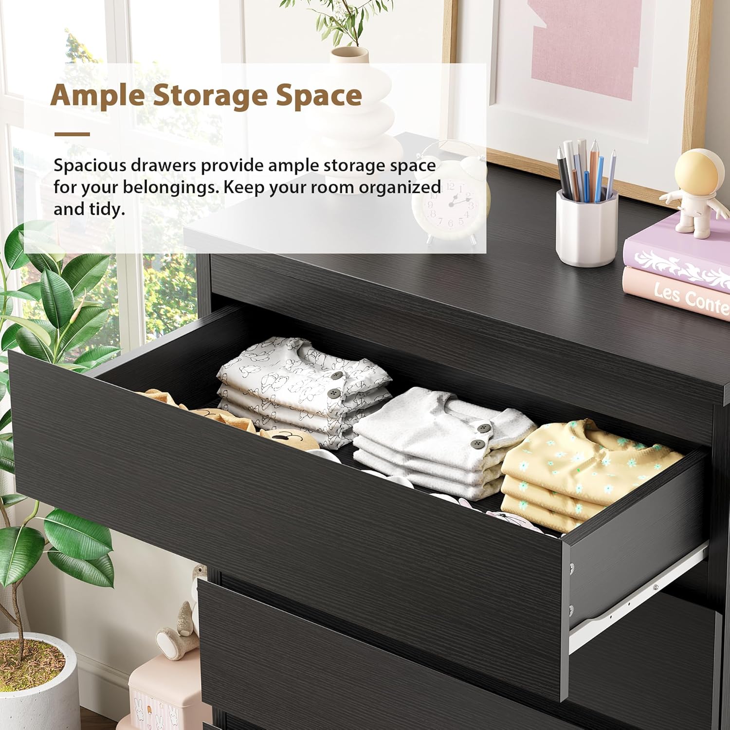 Black Modern 5 Drawer Dresser for Bedroom, 15" D x 23.7" W x 40.4" H in Simply Chest of Drawers, Wood Storage Dresser with Deep Drawers for Living Room Hallway Entryway, Black