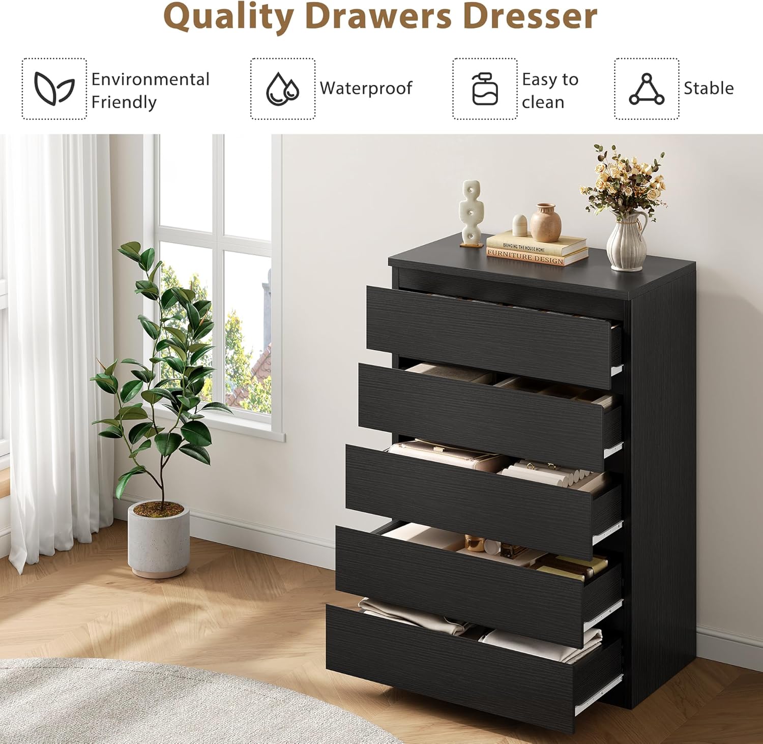 Black Modern 5 Drawer Dresser for Bedroom, 15" D x 23.7" W x 40.4" H in Simply Chest of Drawers, Wood Storage Dresser with Deep Drawers for Living Room Hallway Entryway, Black