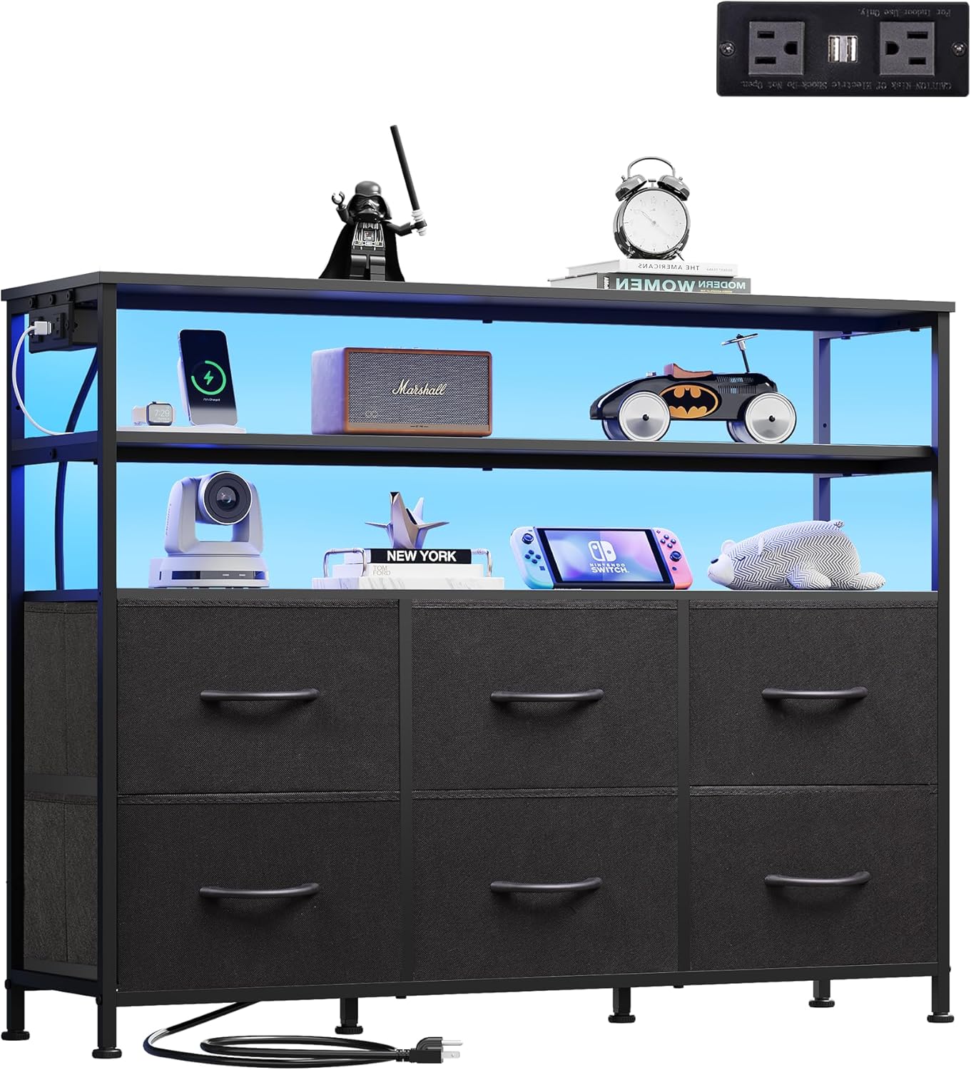 WLIVE Black TV Stand for 40, 45 inch TV, Entertainment Center with LED Lights & Charging Station, TV Media Console Table with 6 Fabric Drawers and Open Shelves for Living Room, Hallway, Wood Top